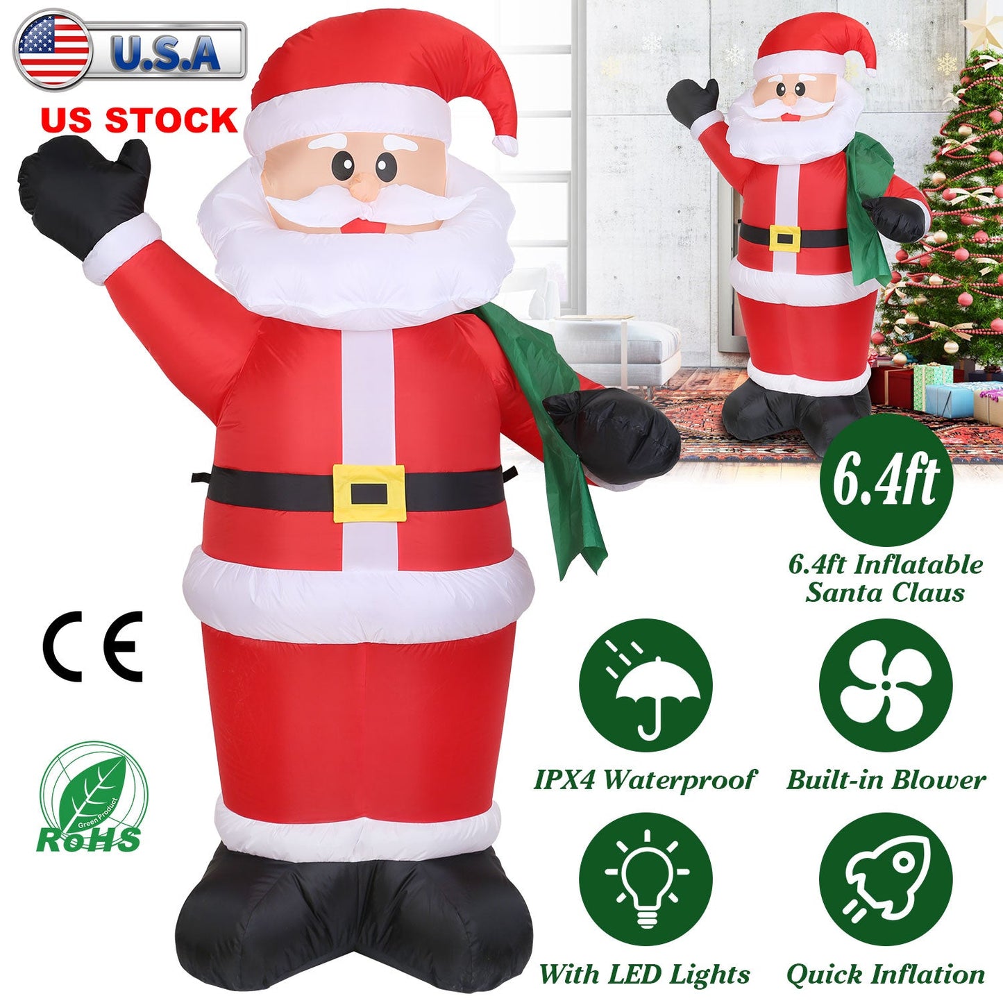 6.4ft Inflatable Christmas Giant Santa Claus Blow up Light up Santa Claus with LED Lights Gift Bag IPX4 Waterproof Christmas Outdoor Yard Lawn Holiday