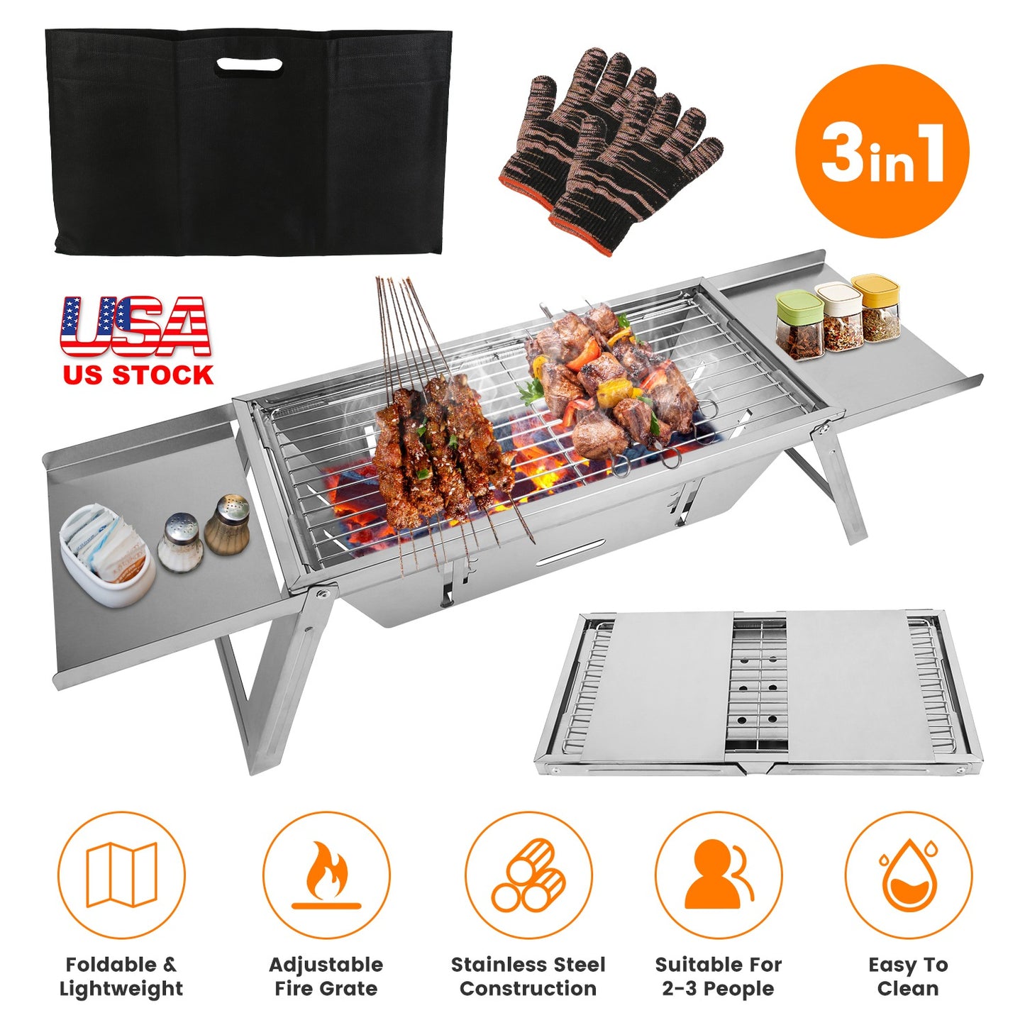 3-in-1 Foldable Charcoal Grill Fire Pit & Slow Cooker Portable