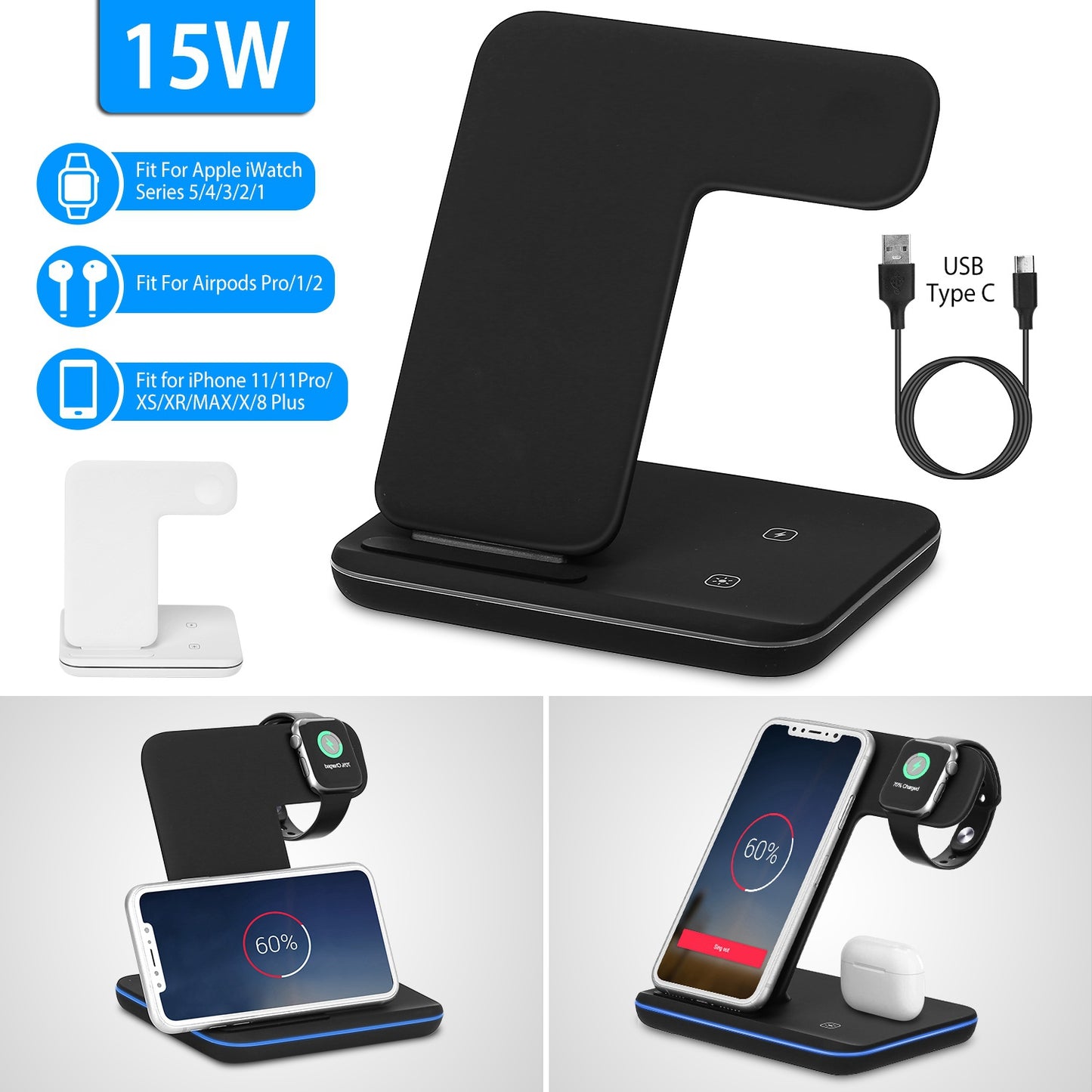 3-in-1 Wireless Charging Station 15W Fast Charge Dock