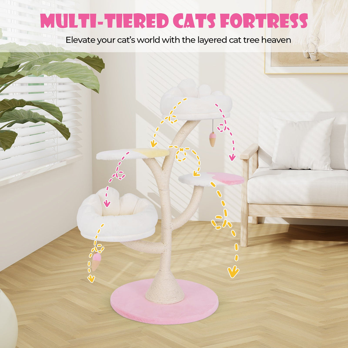 Multi-Layer Cat Tree Cat Tower with 2 Cat Perches 2 Platforms-Pink
