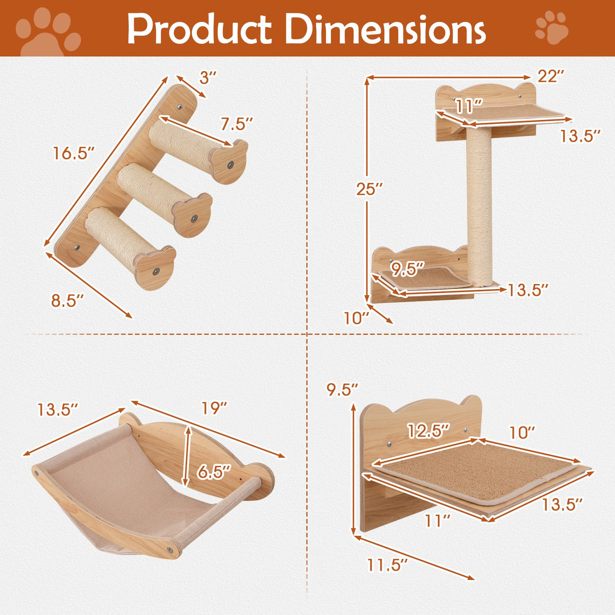 Cat Wall Furniture Set of 4 with Hammock 2-step Cat Tree and Perch-Natural