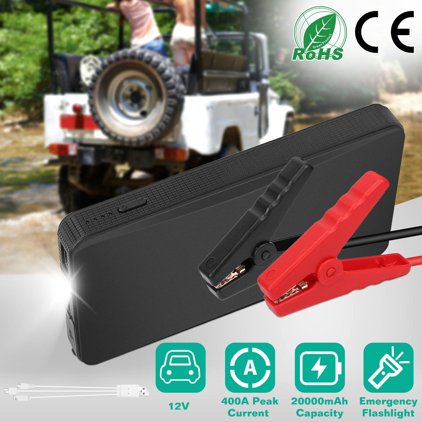 Car Jump Starter 400A Peak 20000mAh with LED Flashlight