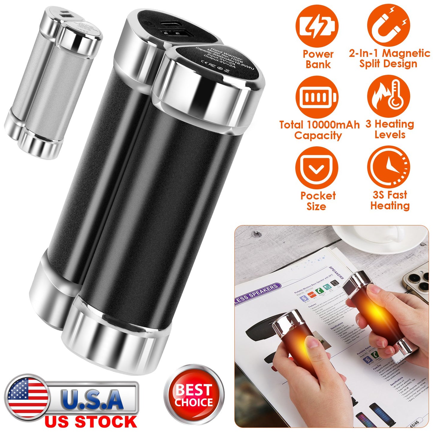 Magnetic Hand Warmers 2-Pack with 10000mAh Power Bank