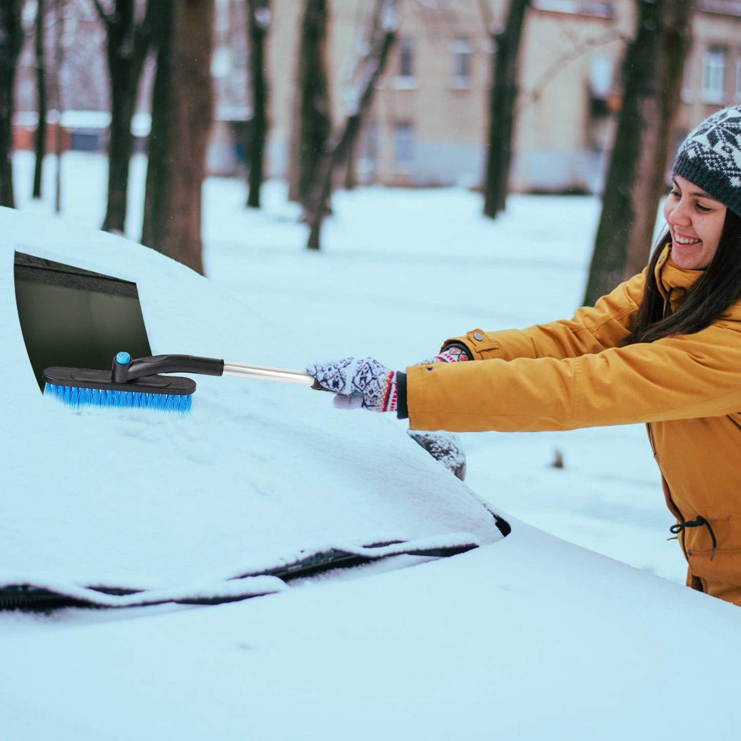 Extendable Snow Brush and Ice Scraper with Pivoting Head