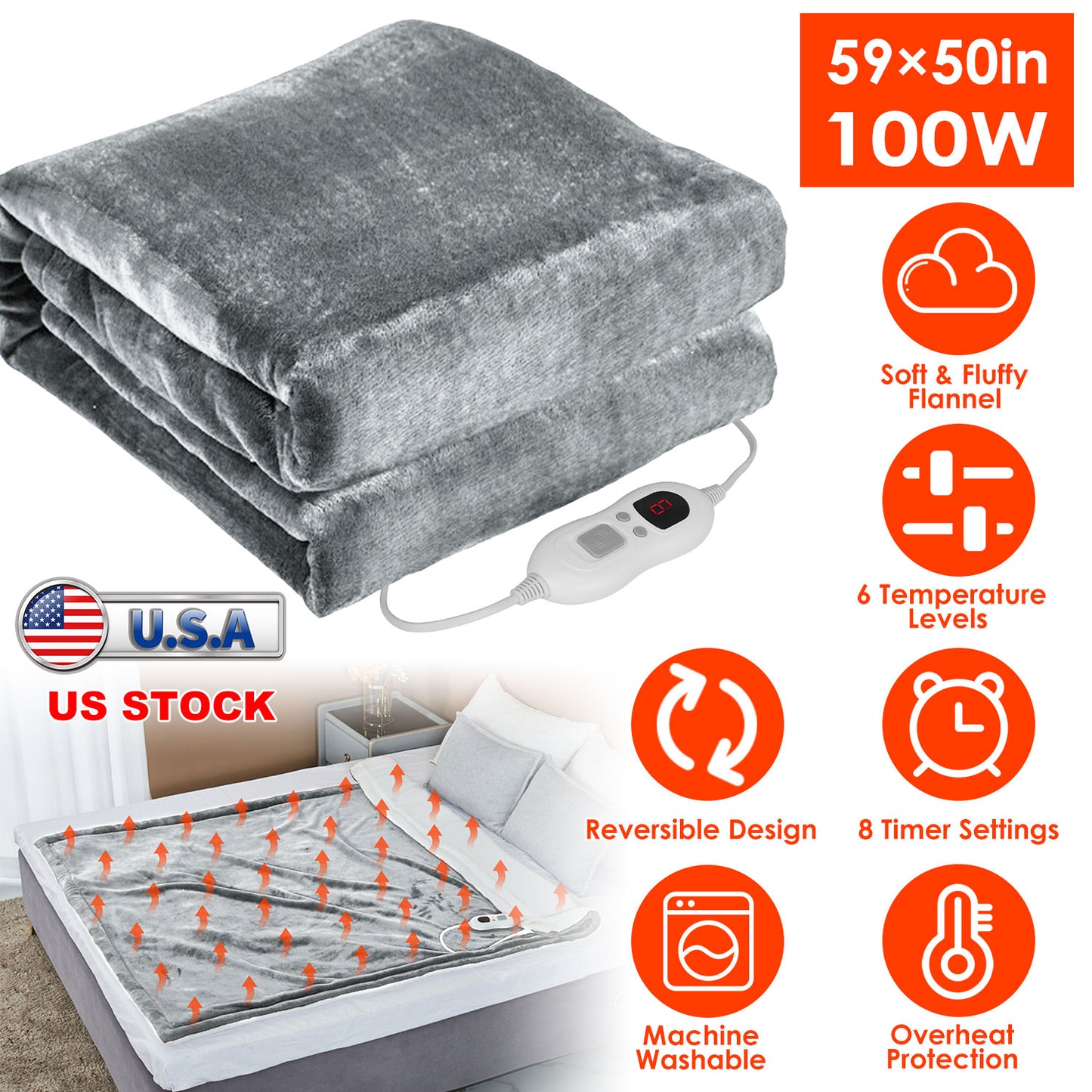 Electric Heated Throw Blanket with 6 Heat Settings, 59x50in