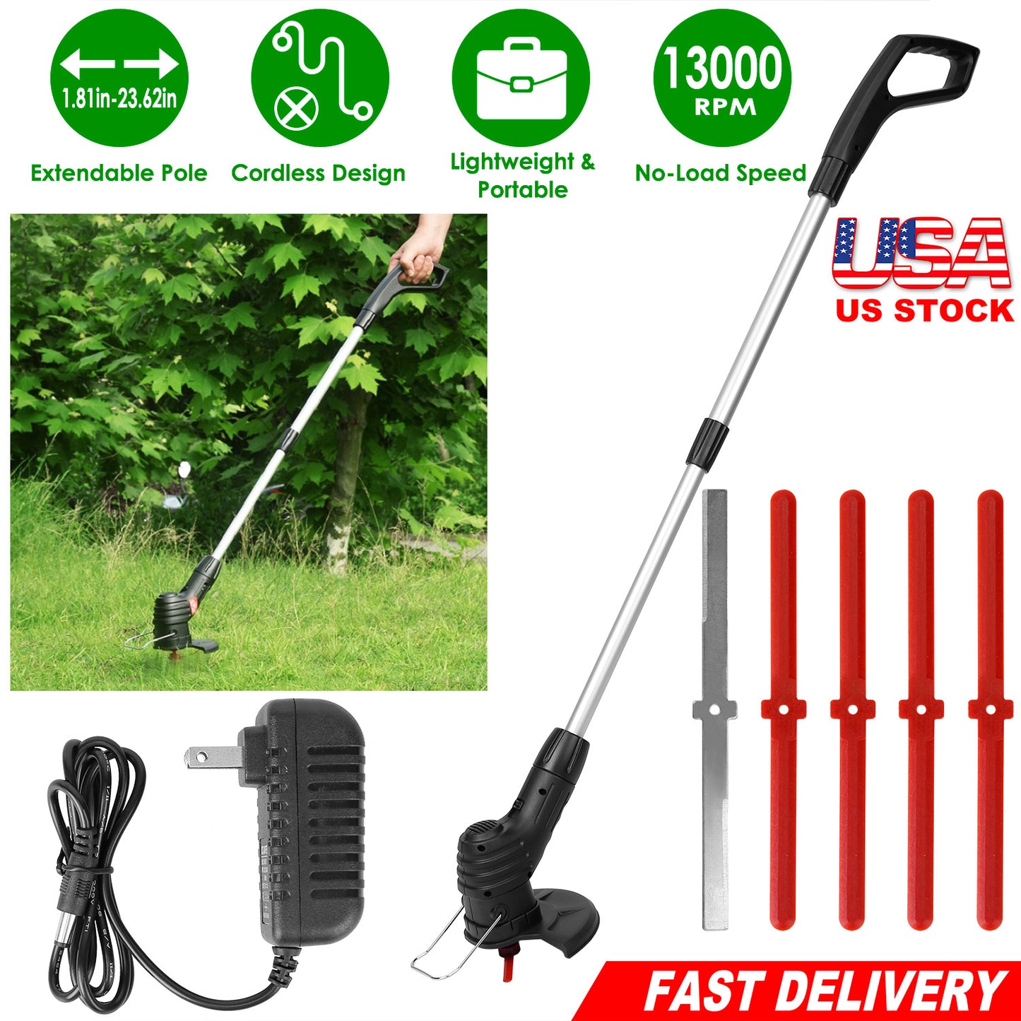 Cordless Grass Trimmer with Extendable Pole & 5 Blades