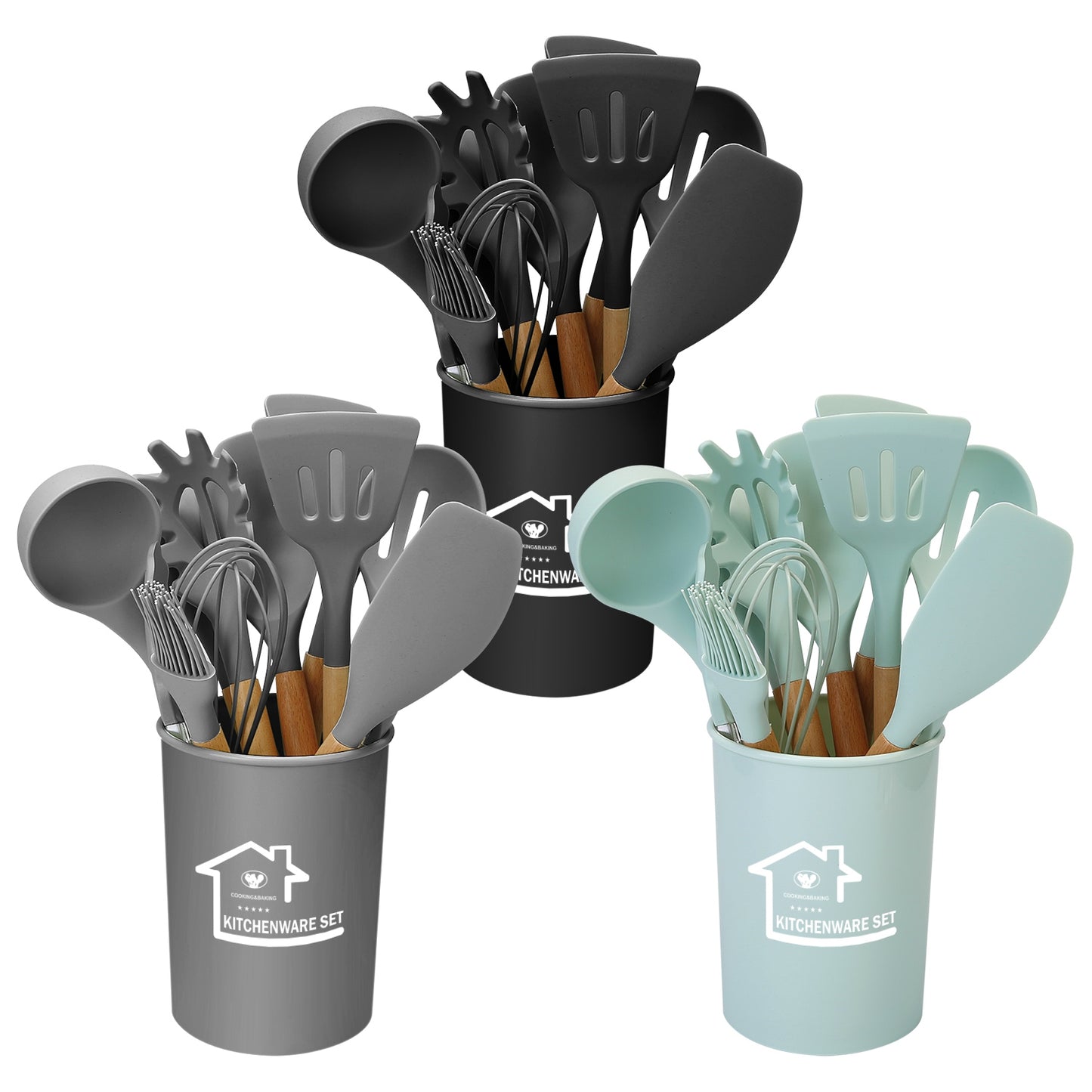 Silicone Cooking Utensil Set, 11-Piece with Wooden Handles