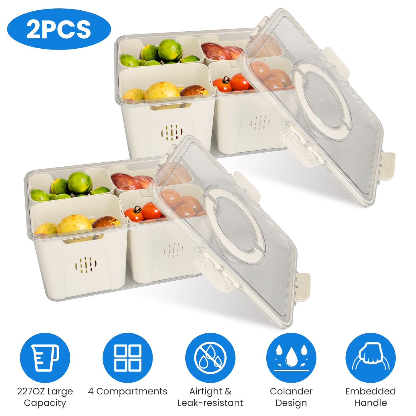 Airtight Fruit Storage Containers 4-Compartment with Colanders