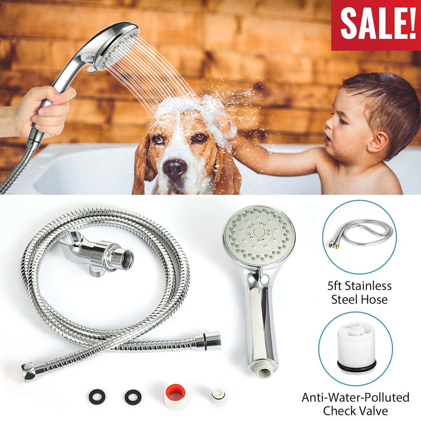 Handheld Shower Head with 5 Spray Settings & Steel Hose