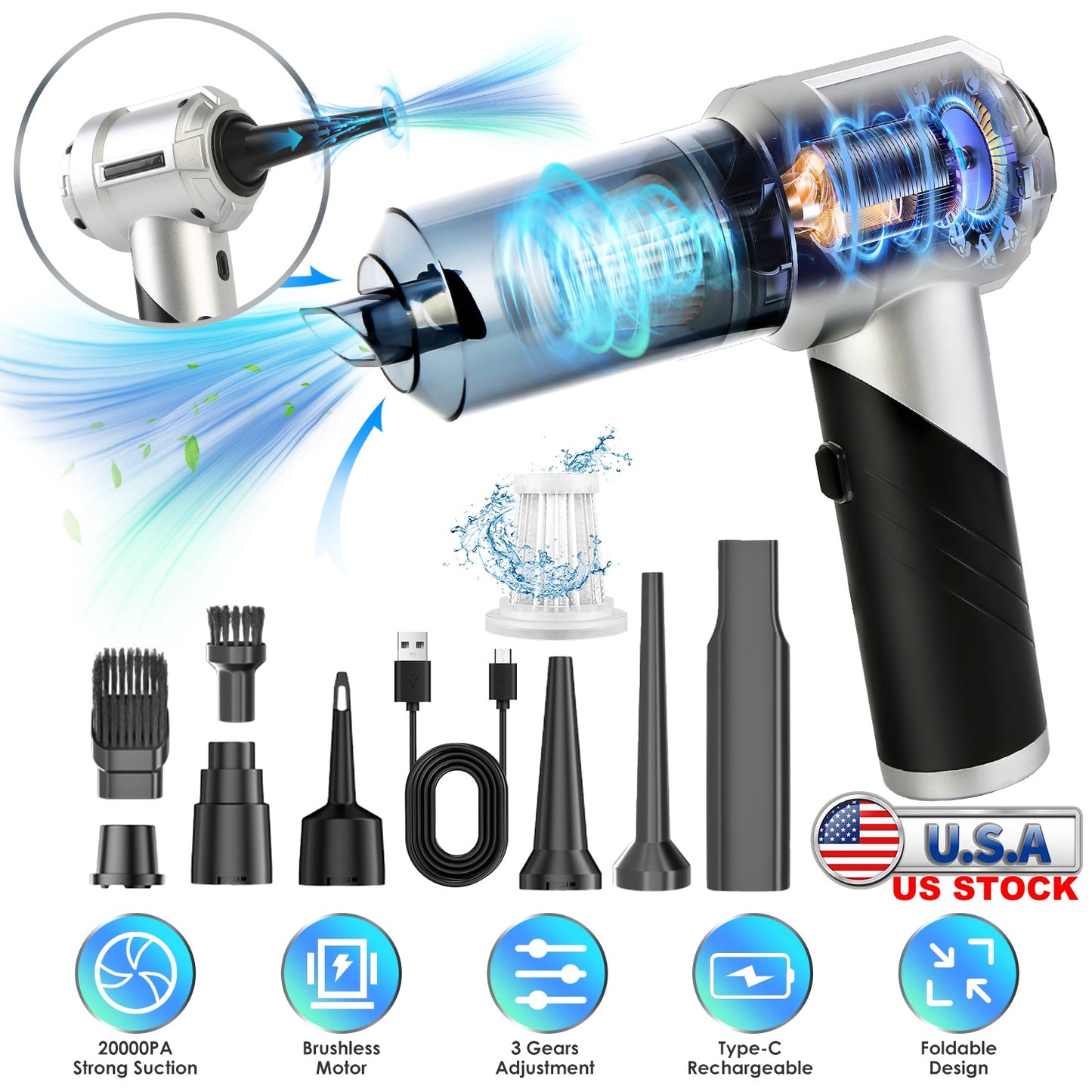 Cordless Car Vacuum Cleaner with 20000PA Suction & Brushless Motor