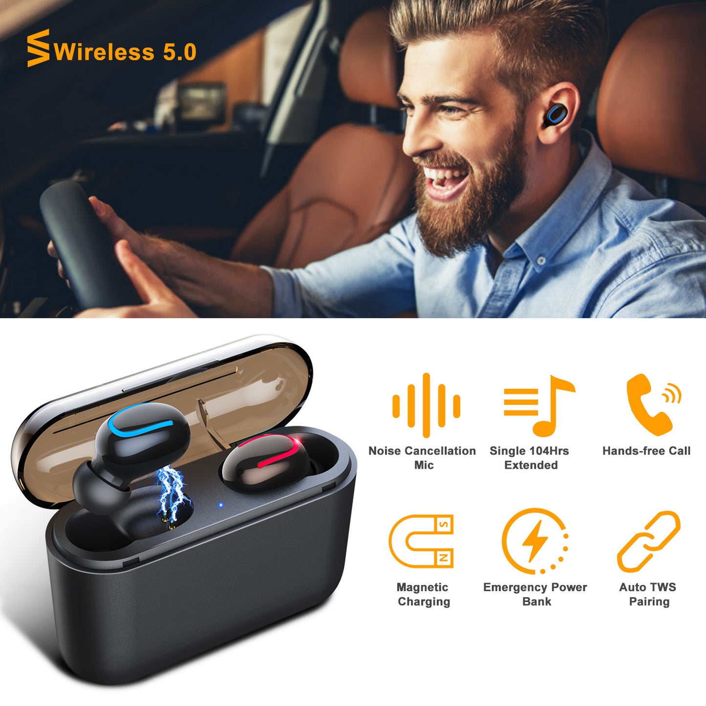 Wireless Earbuds with Magnetic Charging Dock & Noise Canceling