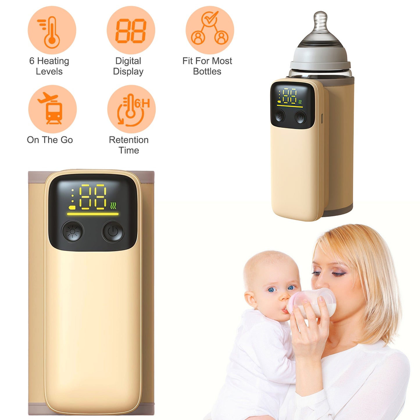 Portable Baby Bottle Warmer with Night Light & 6 Heat Levels
