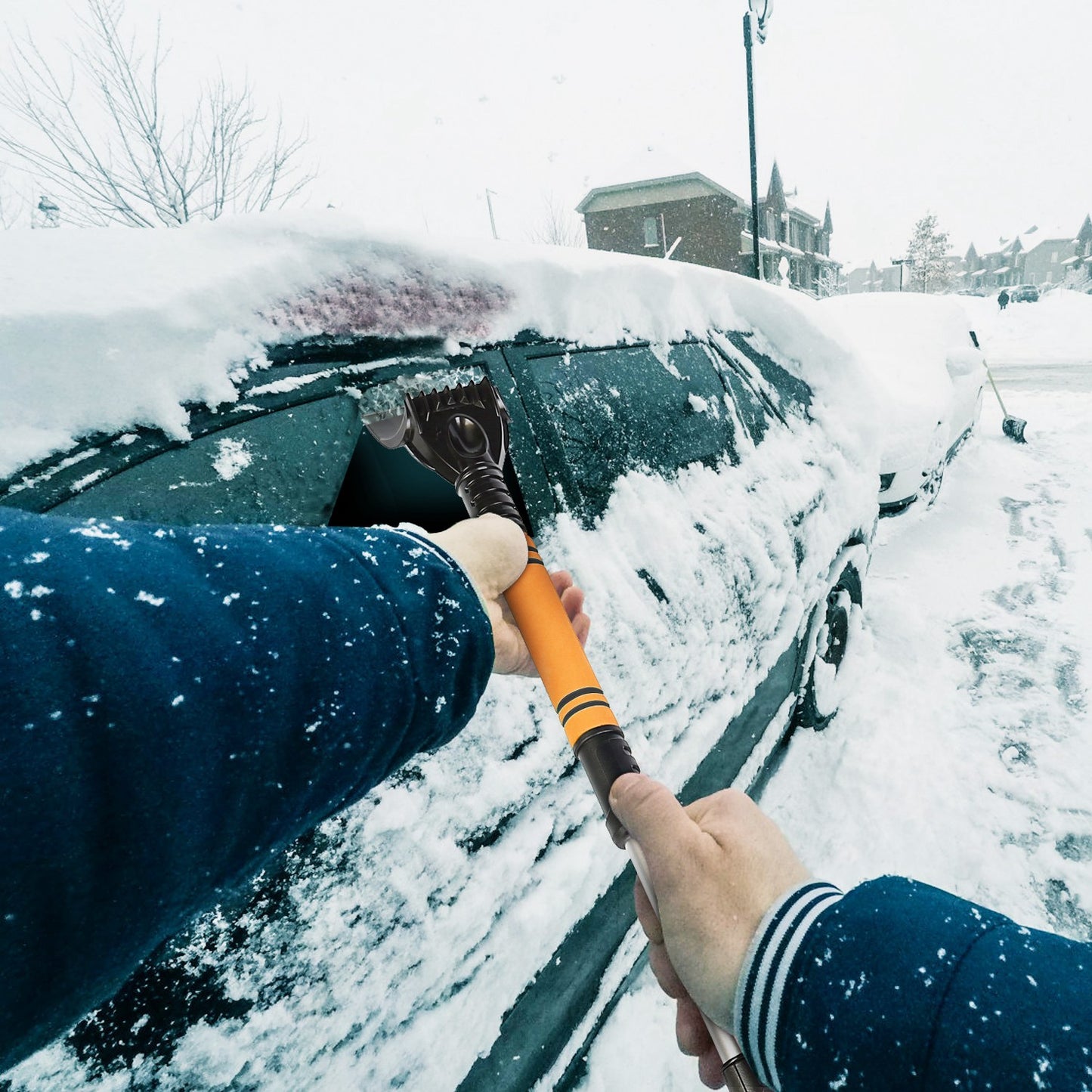 Extendable Snow Brush and Ice Scraper with Pivoting Head