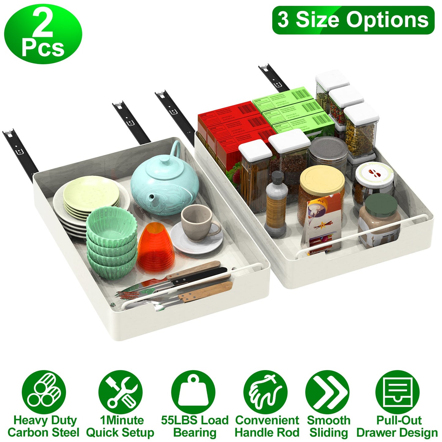 Pull Out Cabinet Organizers - 2 Pack Carbon Steel Sliding Drawers