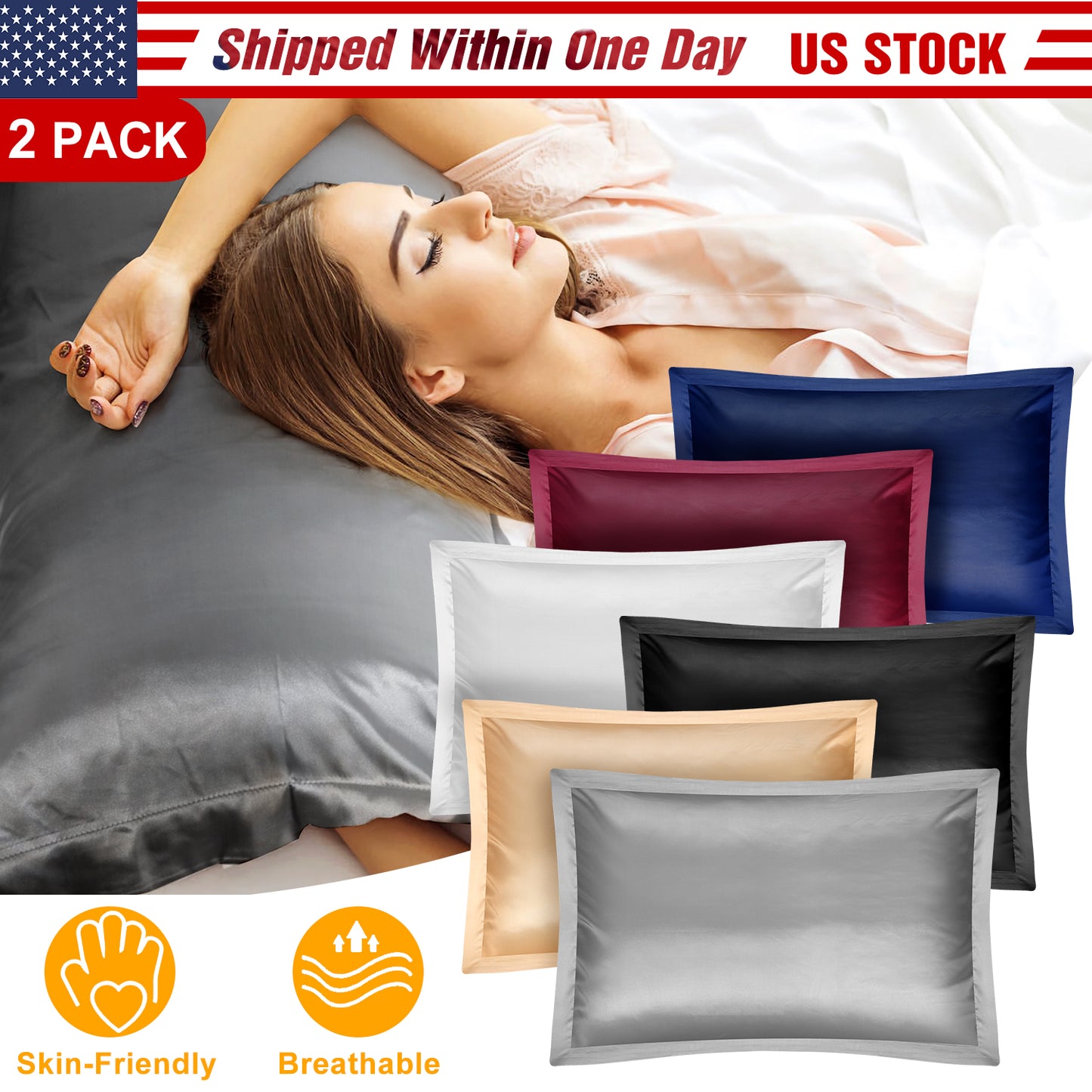 Satin Pillowcases Queen Size - 2 Pack Silky Smooth