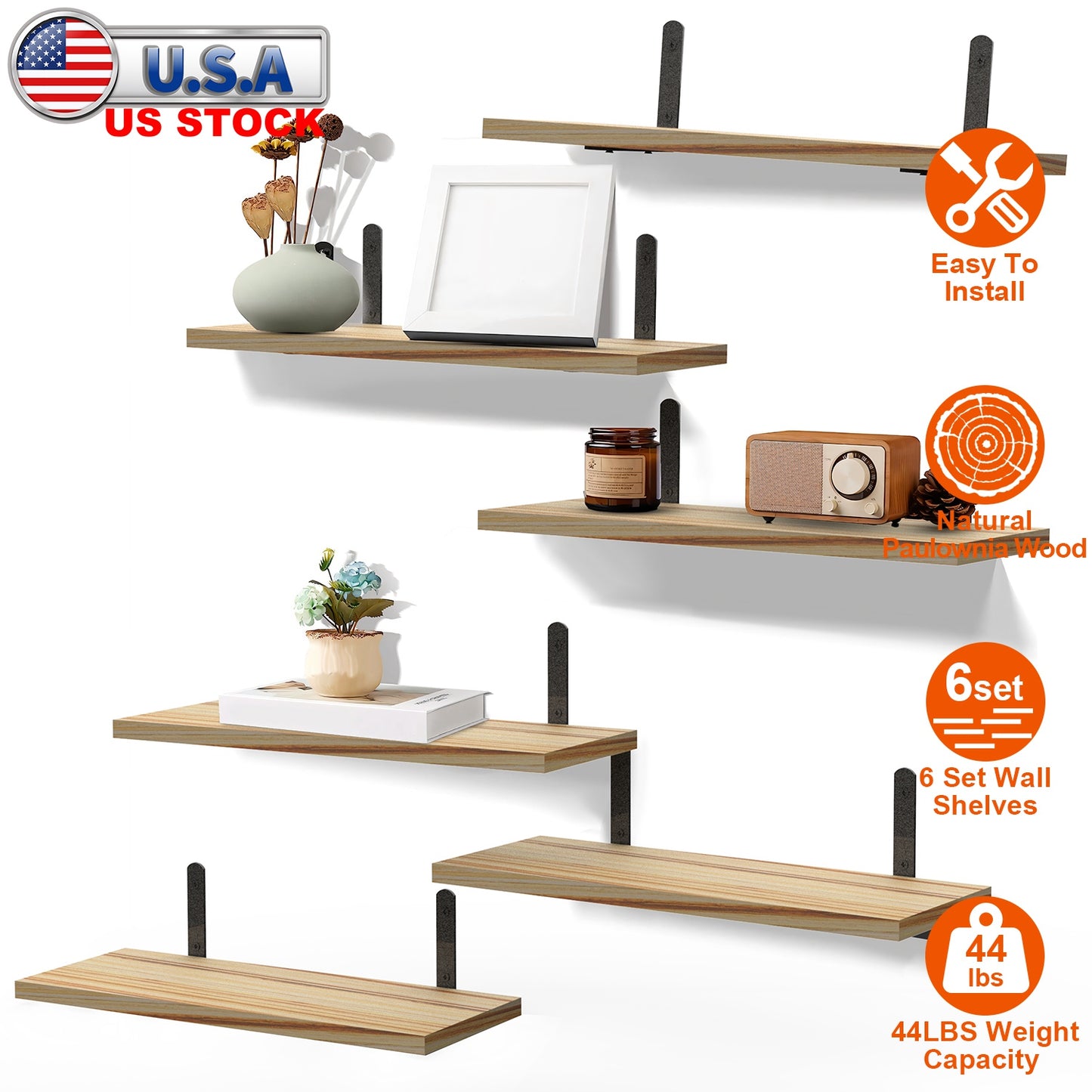Floating Wall Shelves Set of 6 - Wood & Metal Storage Organizer