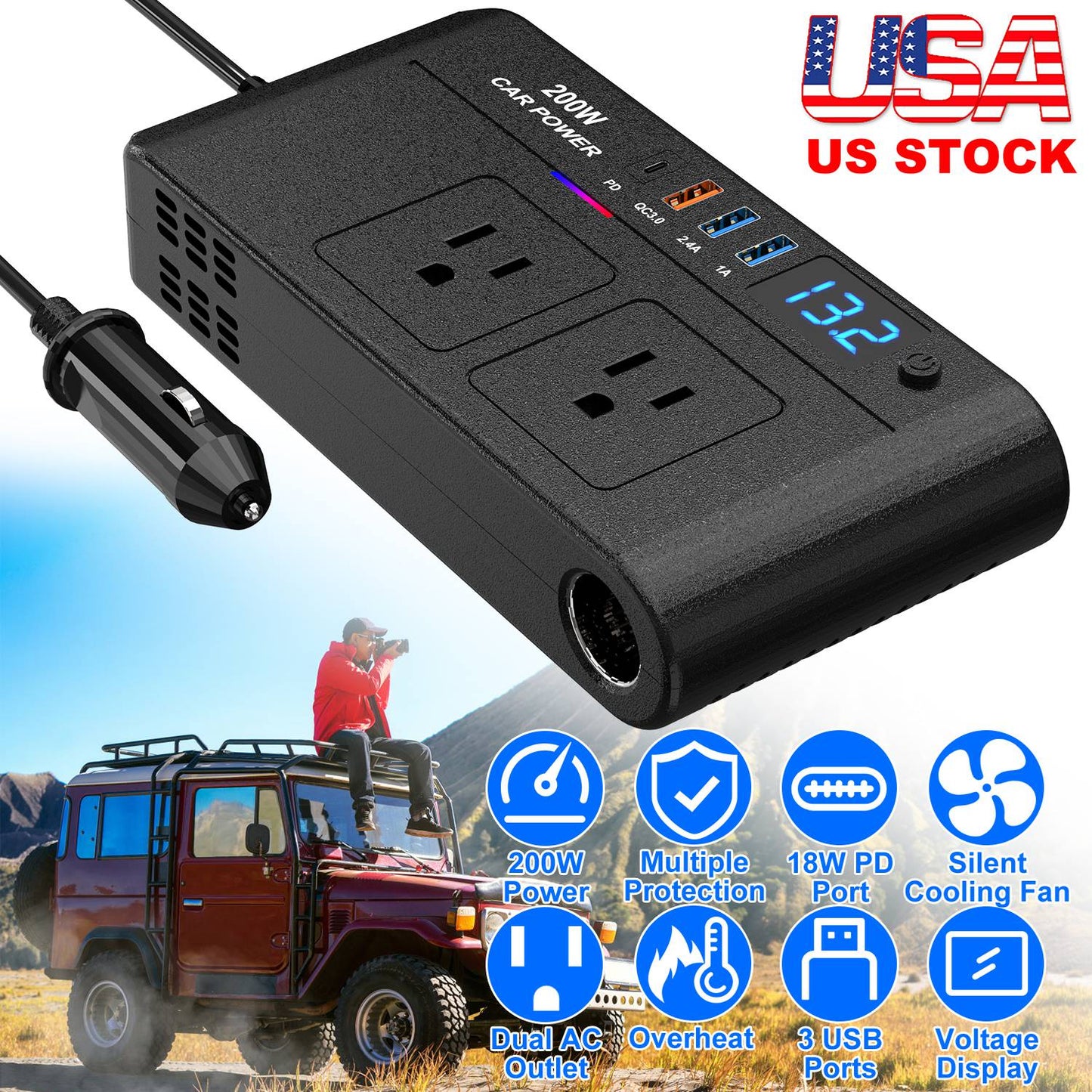 200W Car Power Inverter DC 12V to AC 110V with USB Ports