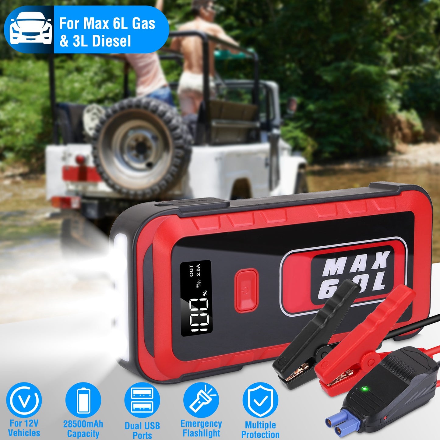 Car Jump Starter 2500A Peak 25800mAh Power Bank with LED Flashlight