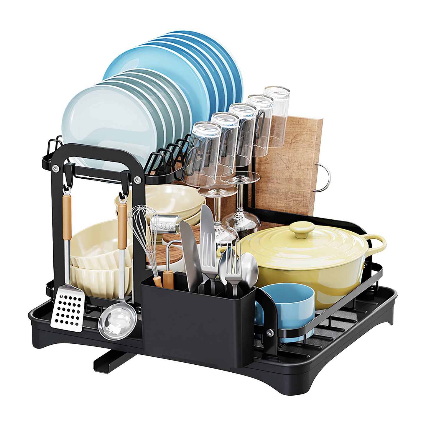 2-Tier Dish Drying Rack with Drainboard and Utensil Holder