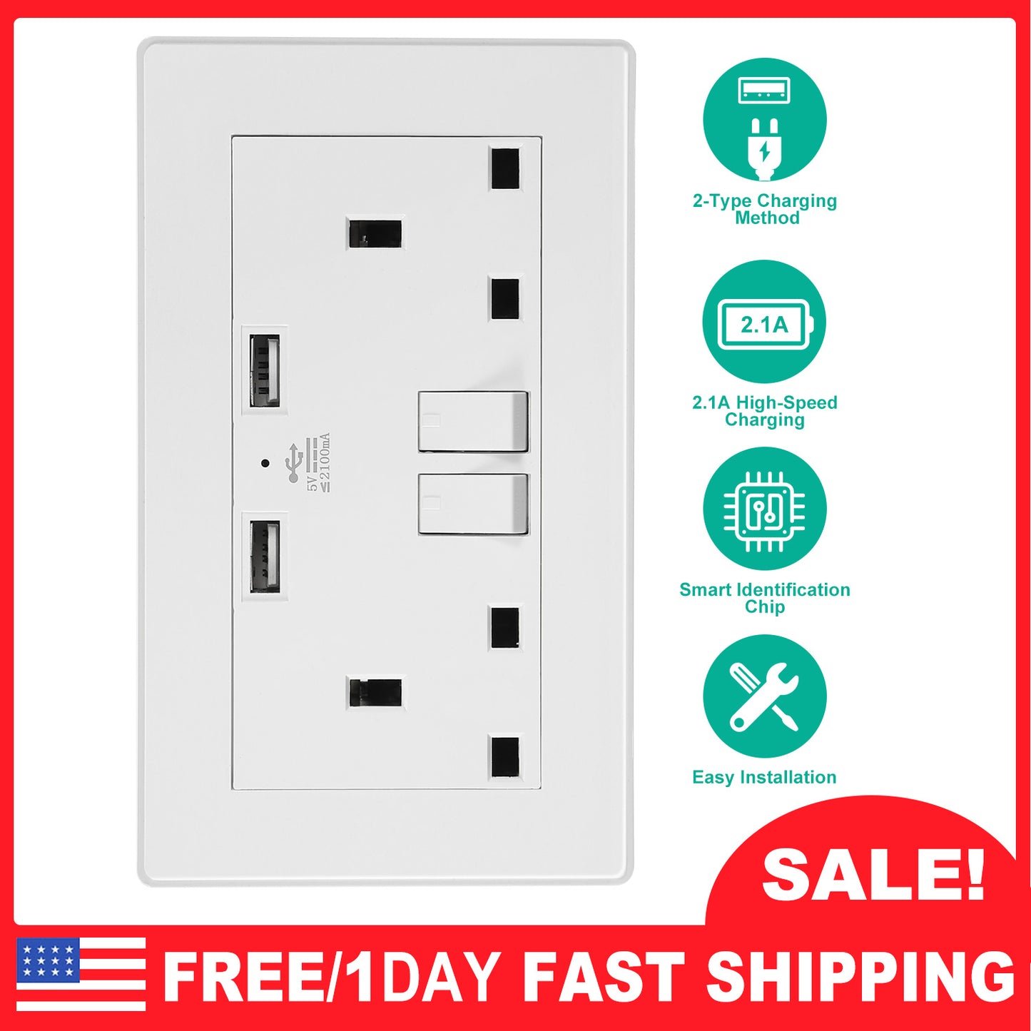 UK Dual Wall Socket with USB Charging Ports & Switches