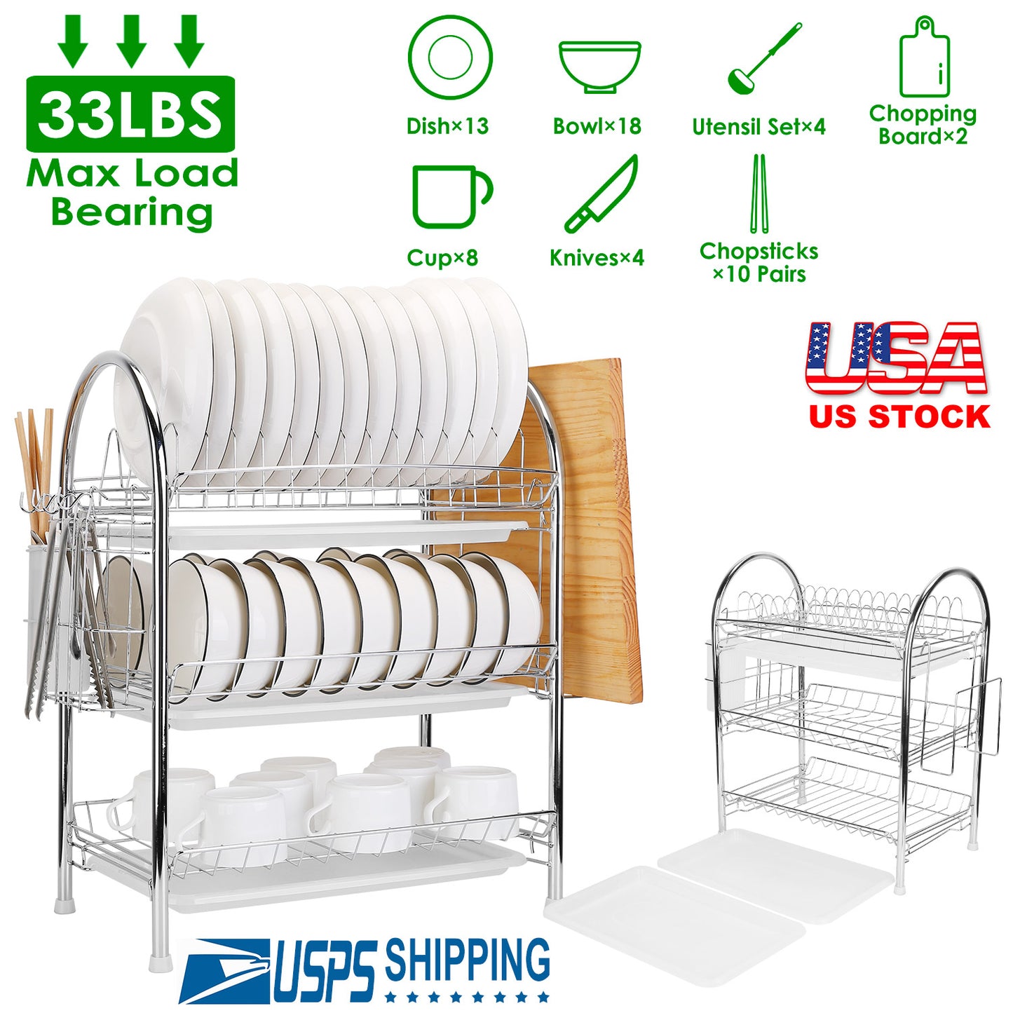 3-Tier Dish Drying Rack with Utensil Holder & Drain Trays
