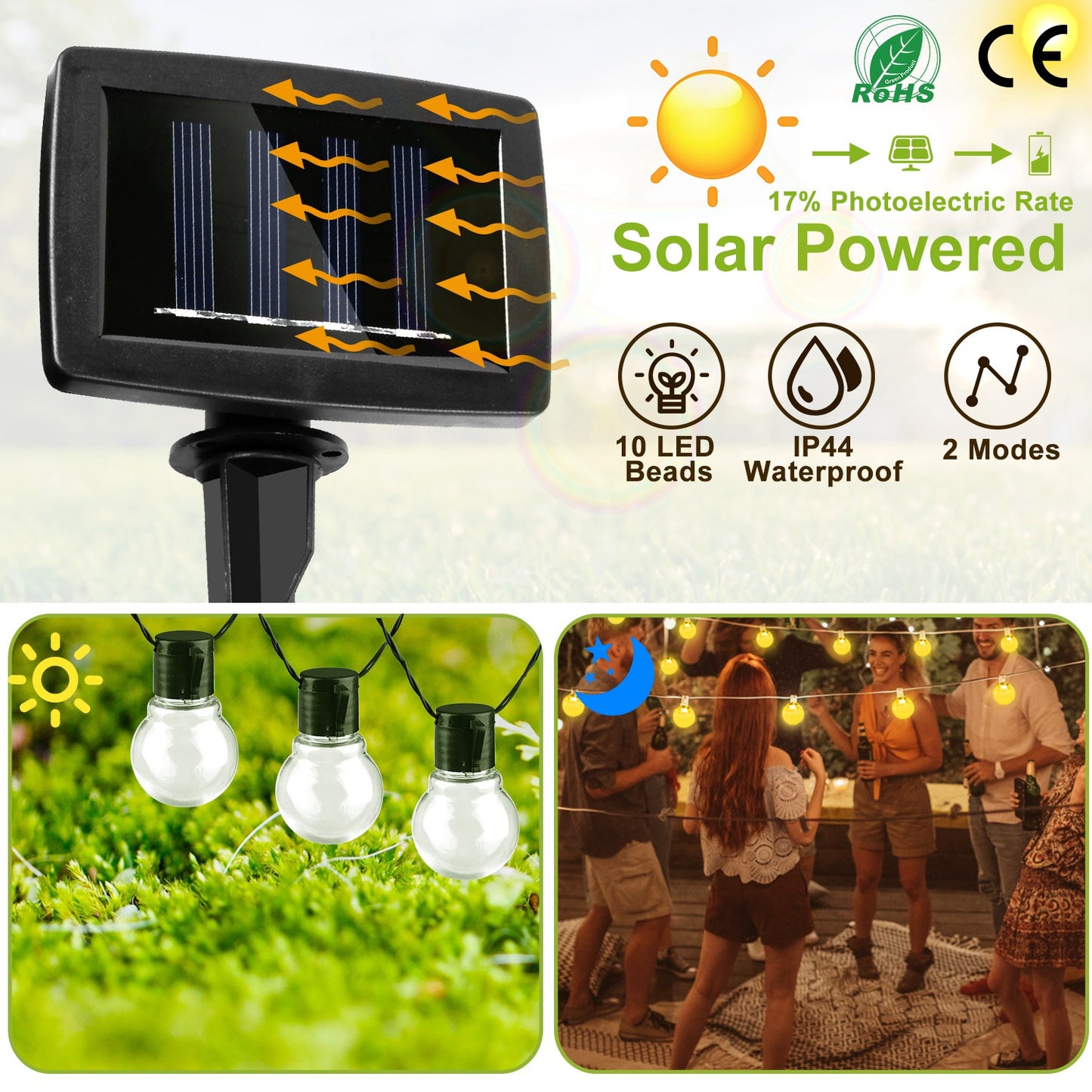 Solar String Lights with 10 LED Bulbs for Outdoor Decor