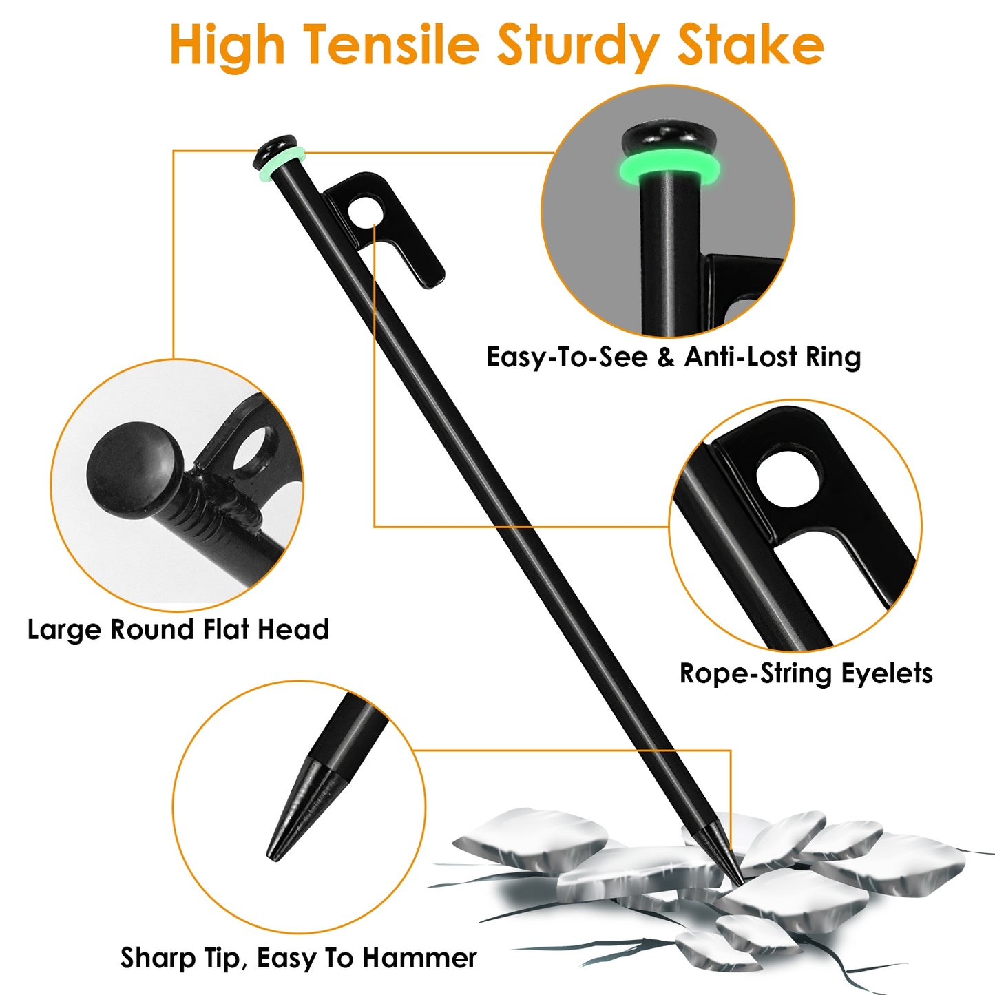 Tent Stakes Kit with Hammer and Reflective Ropes - 10 Stakes