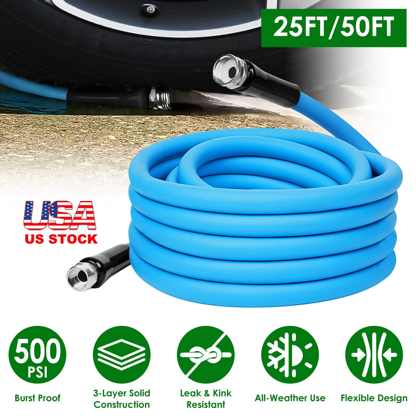 5/8" Heavy Duty PVC Garden Hose - Kink-Free, 500PSI Burst