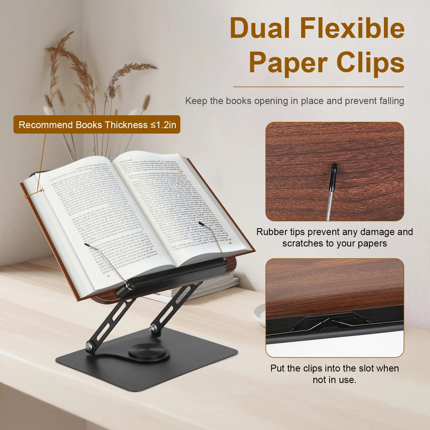 Adjustable Book Stand with 360° Rotatable Base & Paper Clips