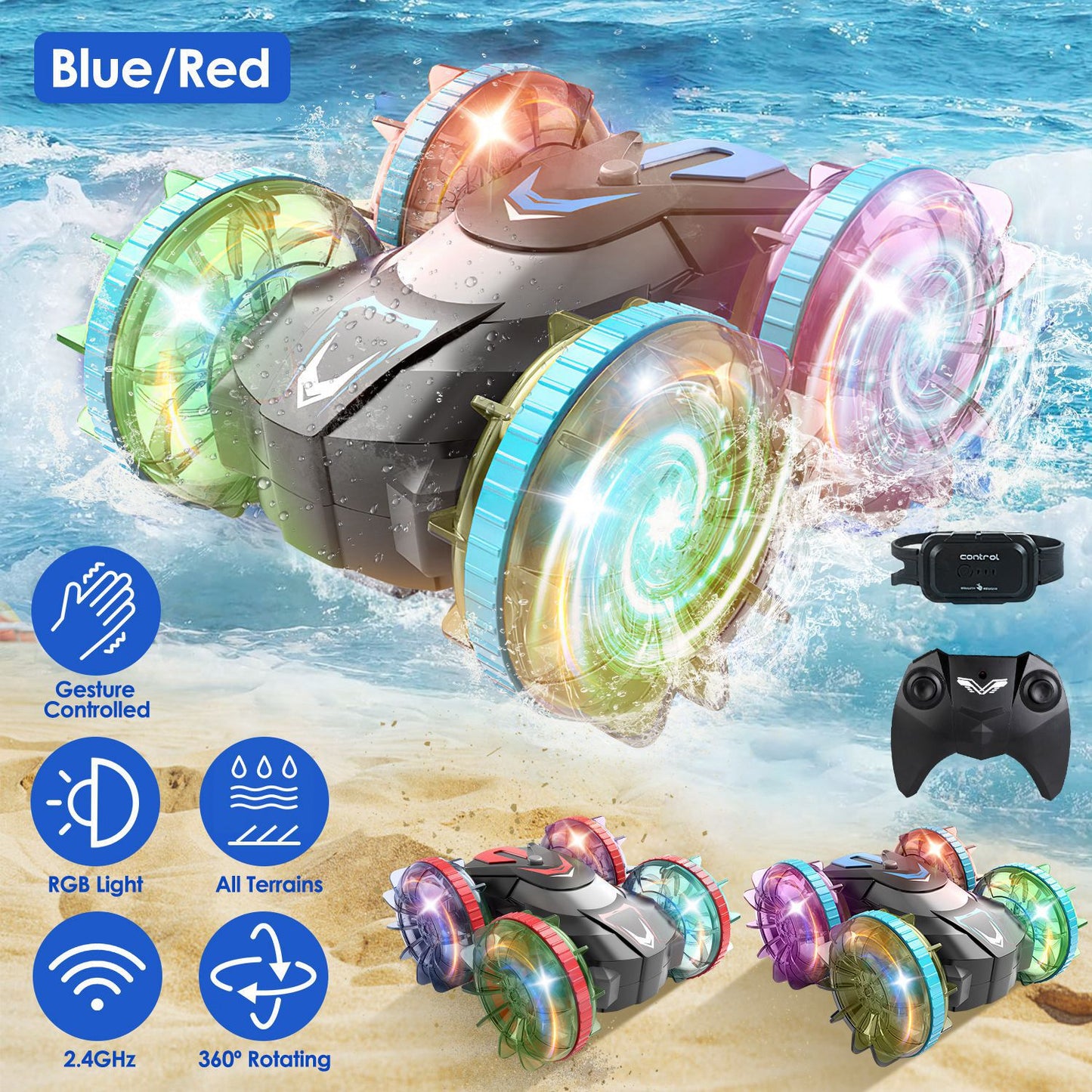 Amphibious RC Stunt Car with Wrist Controller & RGB Lights