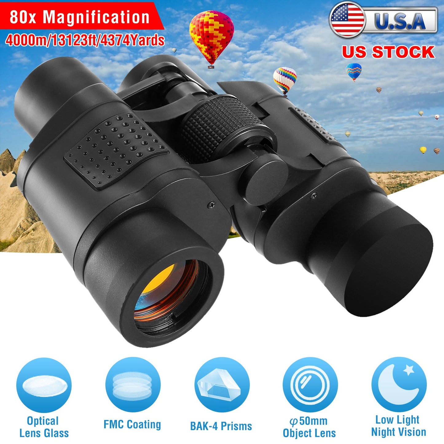 80x50 HD Binoculars with FMC Lens and Low Light Vision