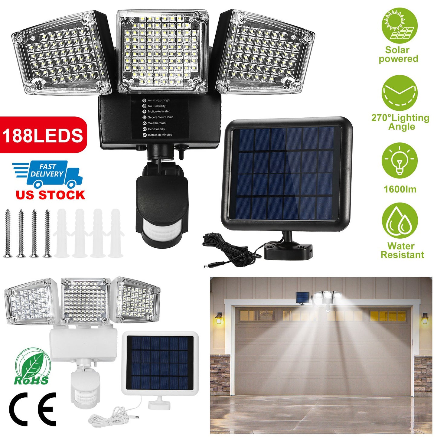 Solar Motion Sensor Light 188 LEDs 1600lm with 3 Rotatable Heads