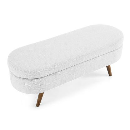Oval Storage Ottoman Bench, Upholstered Storage Bench with Rubberwood Legs, Multifunctional Entryway Bench for Bedroom L