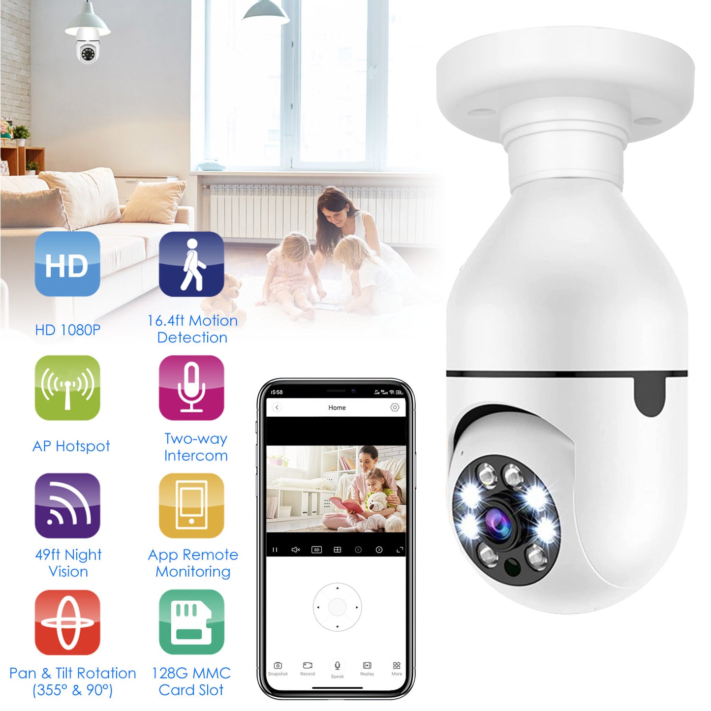 E27 WiFi Bulb Security Camera 1080P with Night Vision
