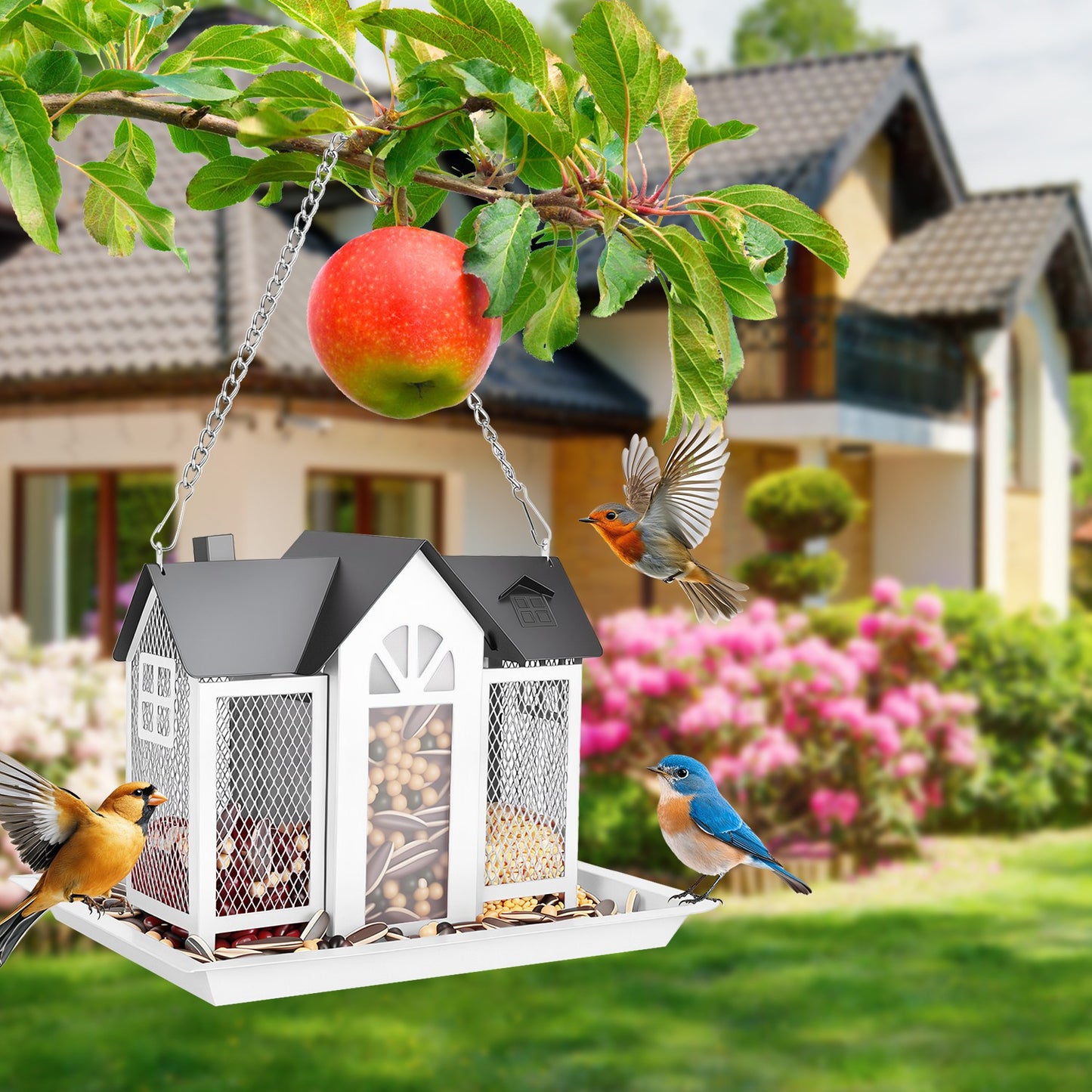 Barn Bird Feeder with Transparent Window & Lift Top Lid