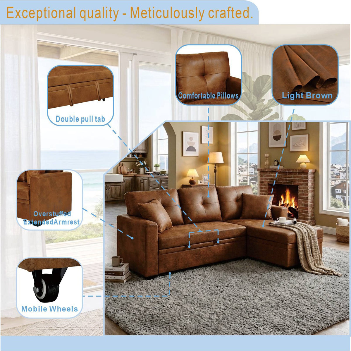Sleeper Sofa with Pull-Out Bed, L-Shaped Sectional Couch with Reversible Chaise and Storage, Foil Fabric Upholstered Sof