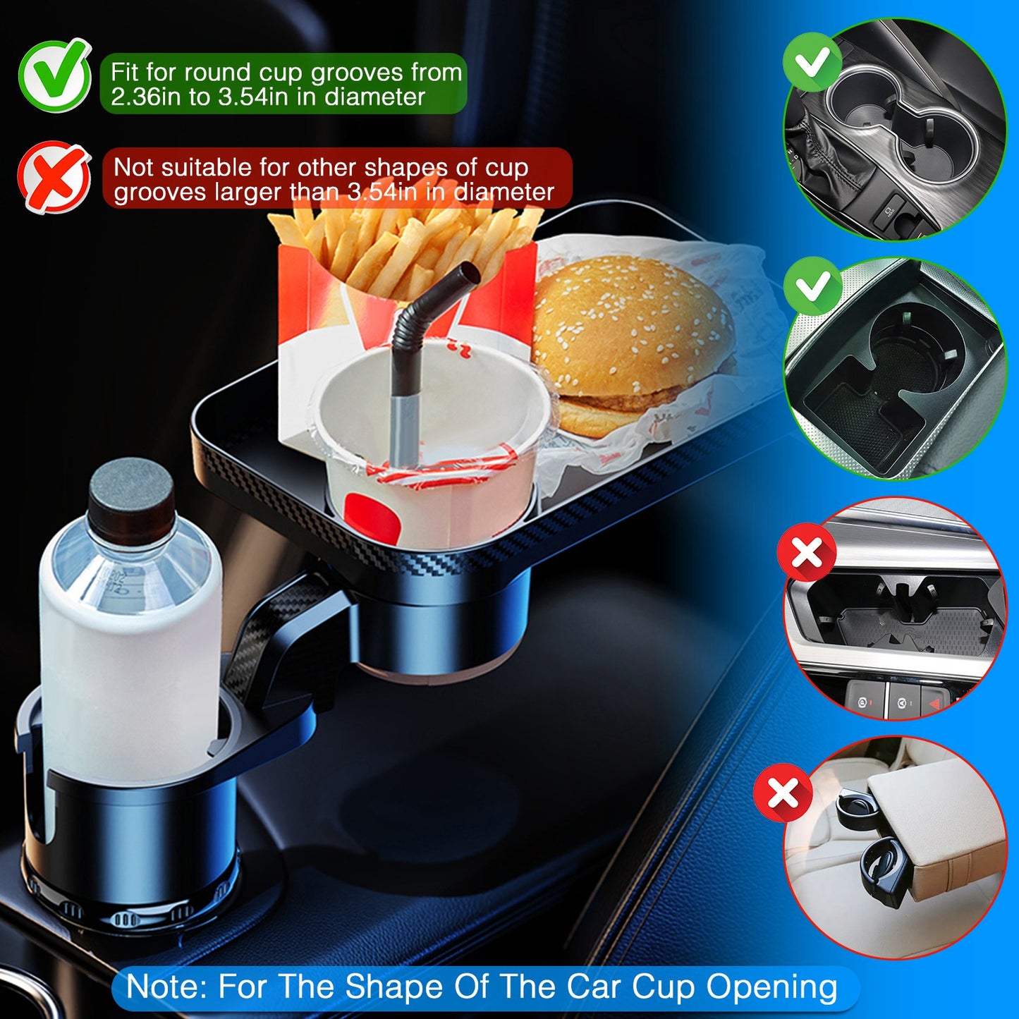 Car Cup Holder Tray with 360° Rotating Organizer