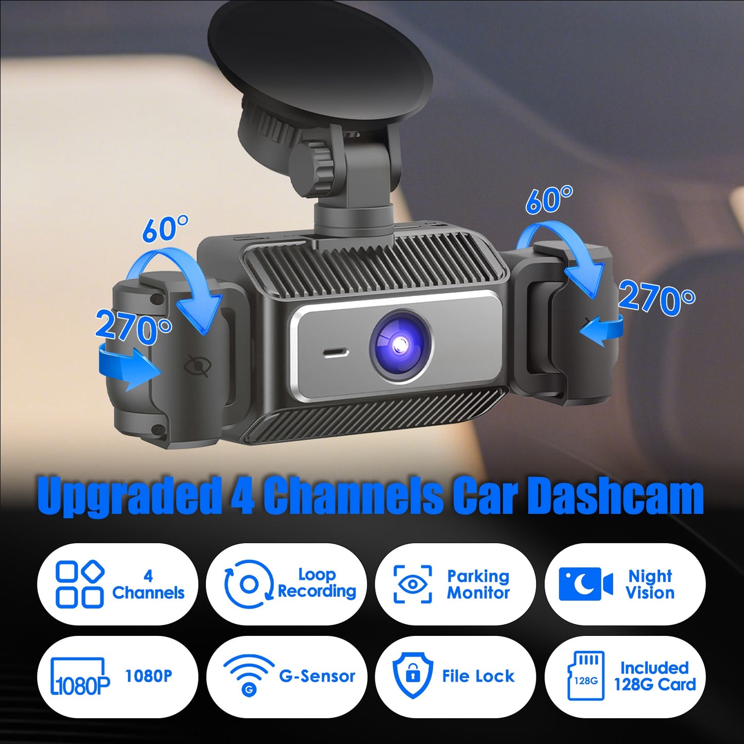 4 Channel Dash Cam with 360° Coverage & 128GB Card
