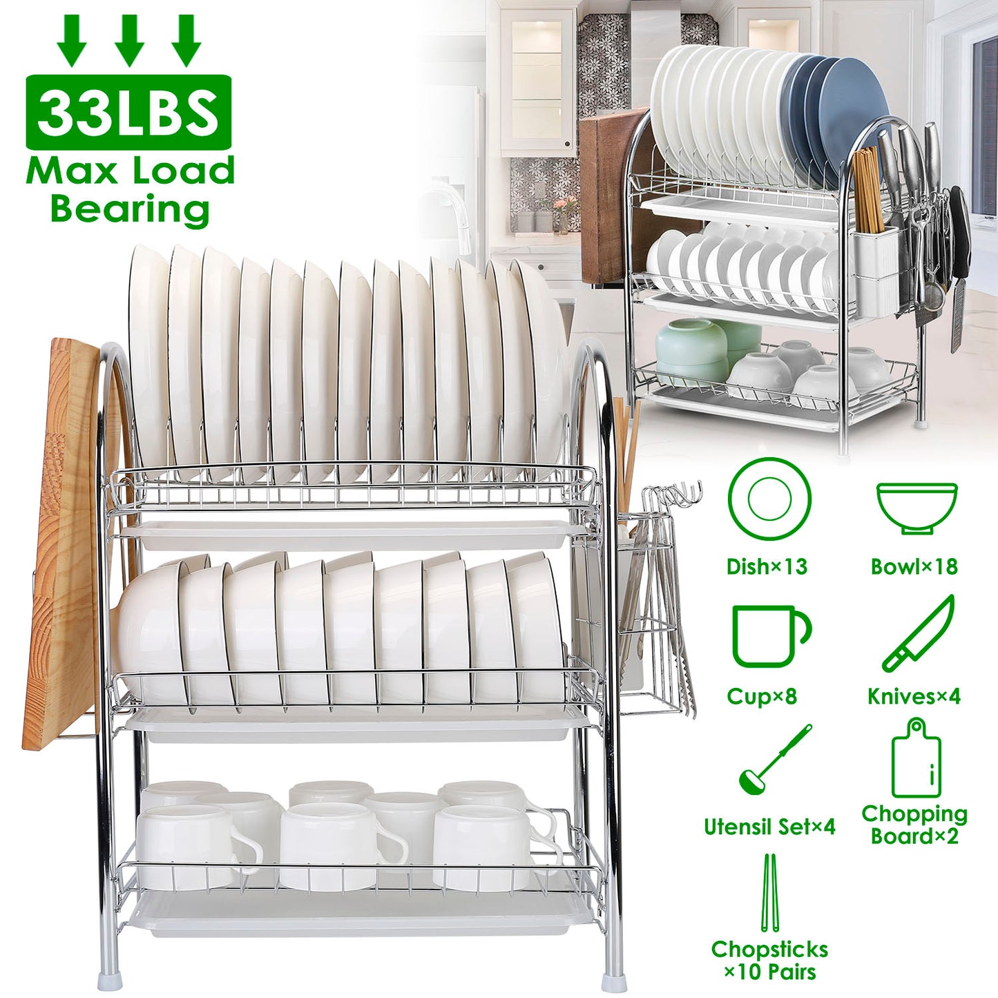 3-Tier Dish Drying Rack with Utensil Holder & Drain Trays