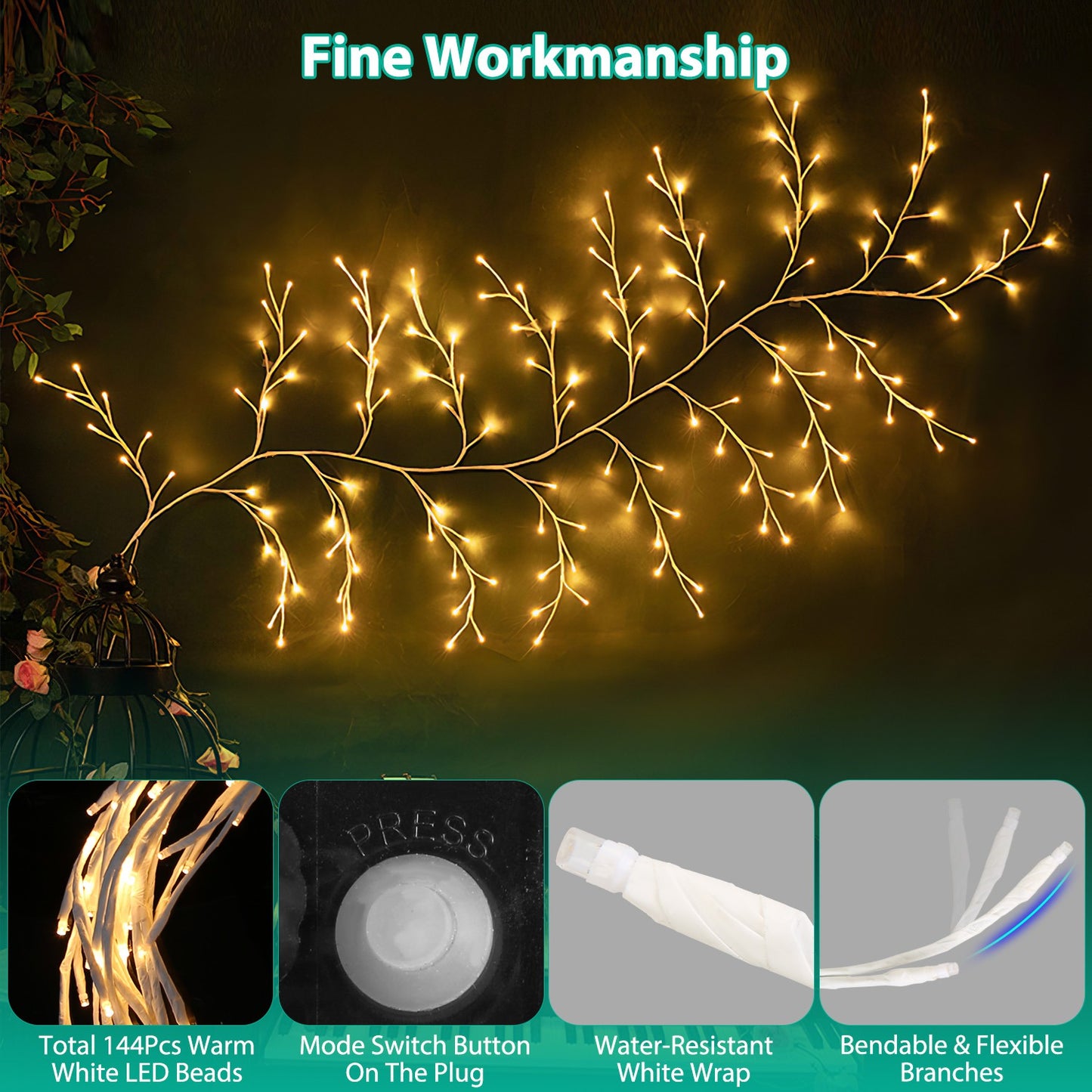 Lighted Birch Garland 7.87FT with 144 LED Warm White Lights