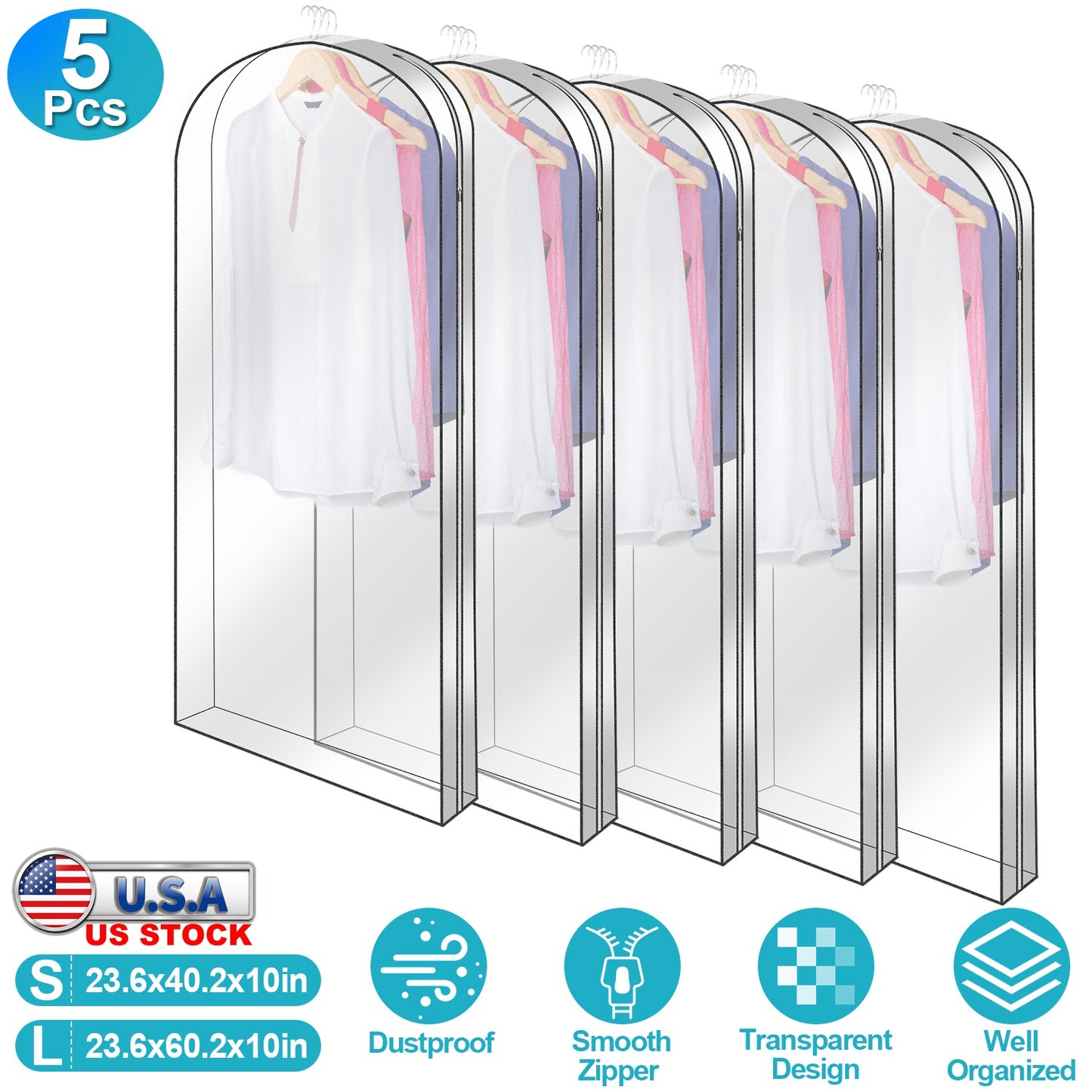 Hanging Garment Bags 60 Inch - 5 Pack Clear Dustproof Storage