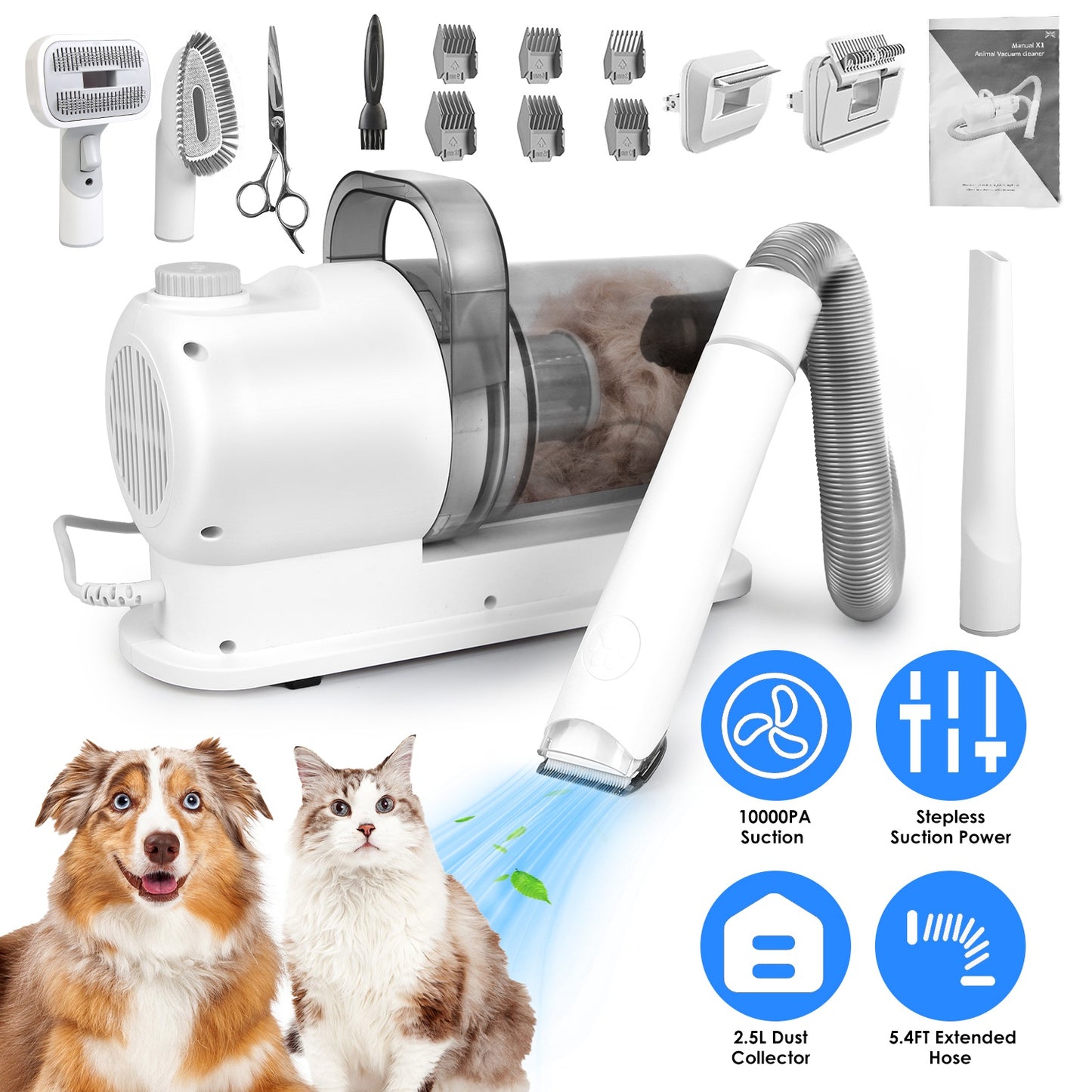 Pet Grooming Vacuum Kit with 7 Tools & 10000PA Suction