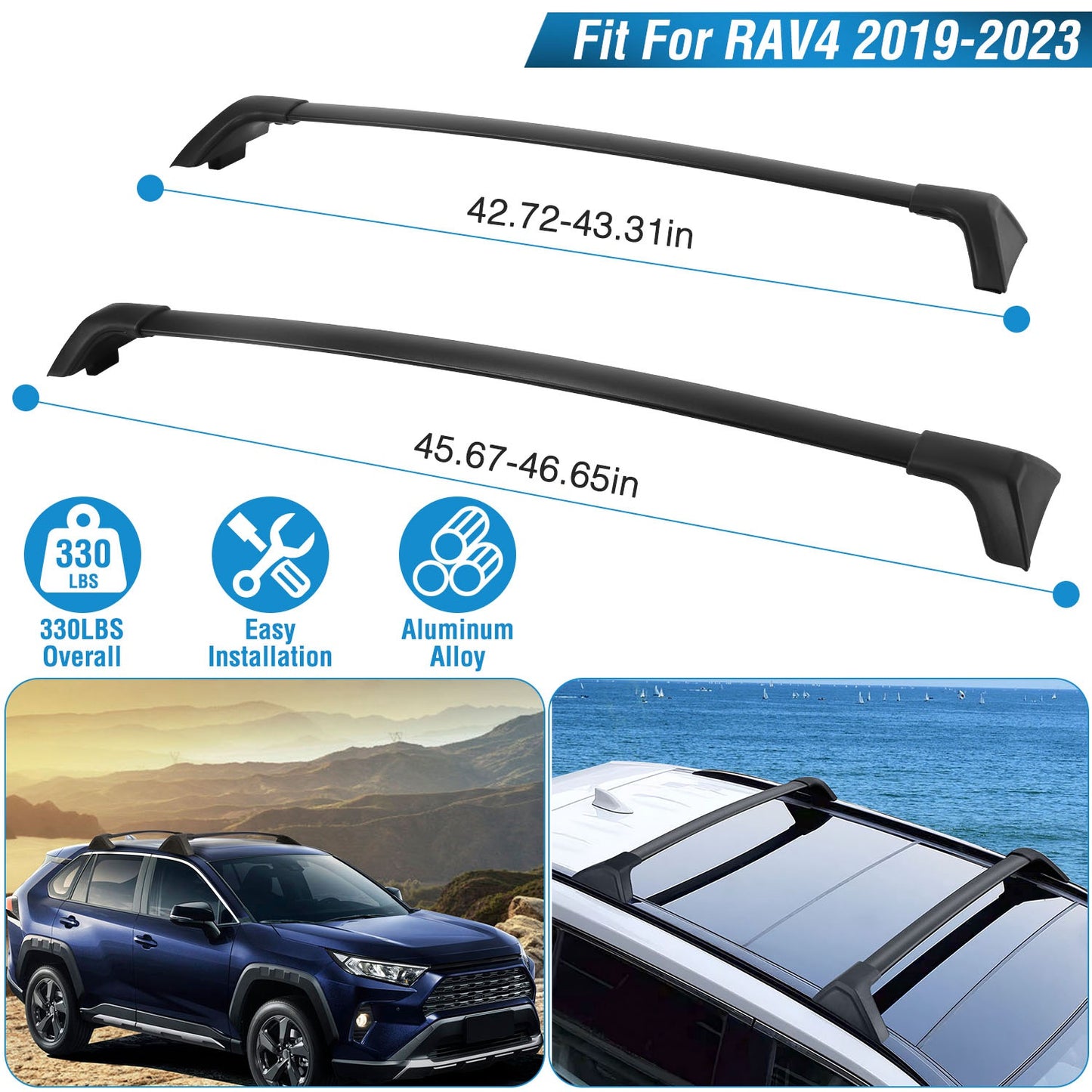Roof Rack Cross Bars for Toyota RAV4 2019-2024 - 330 lbs Capacity