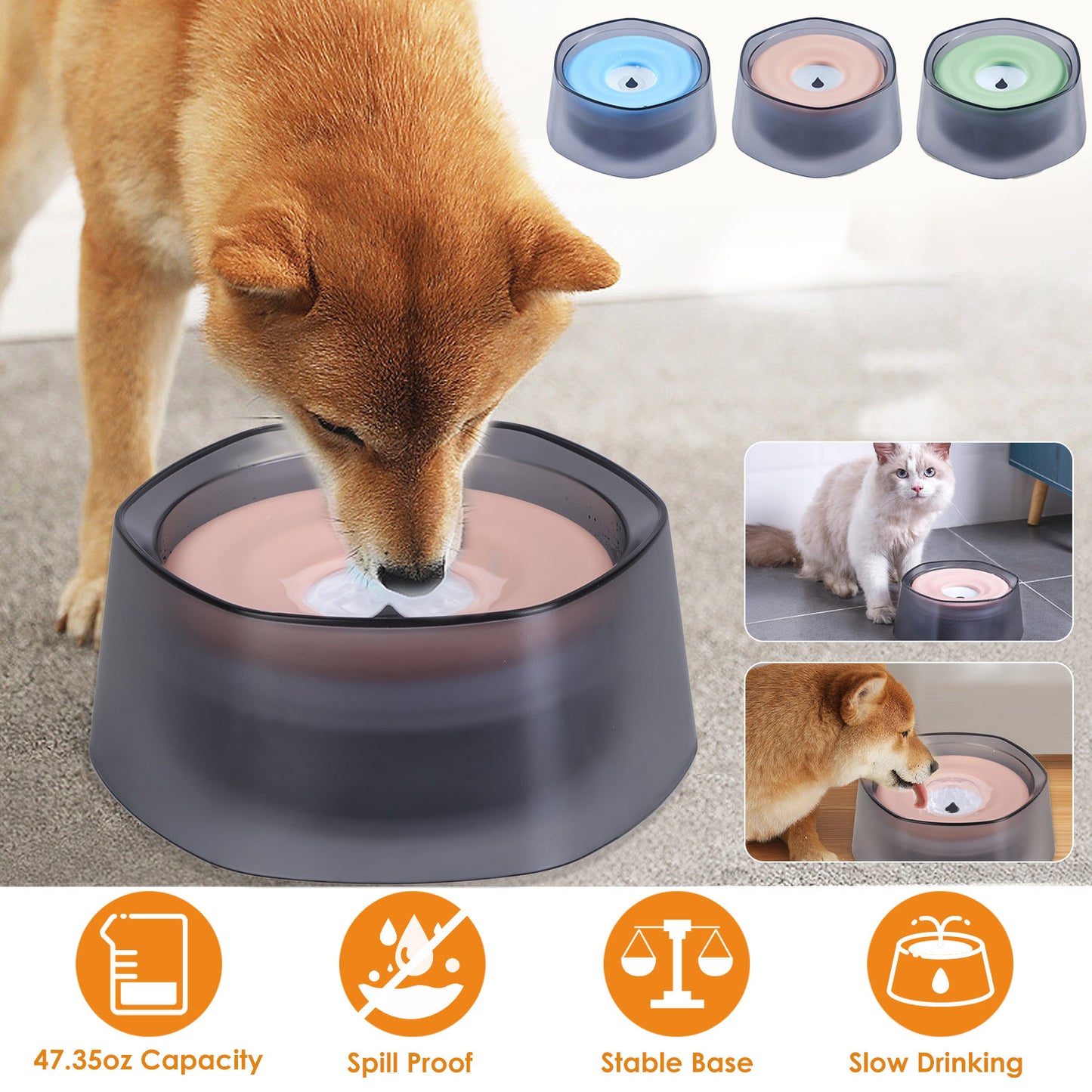 No Spill Dog Water Bowl 47oz Slow Feeder with Float Disk