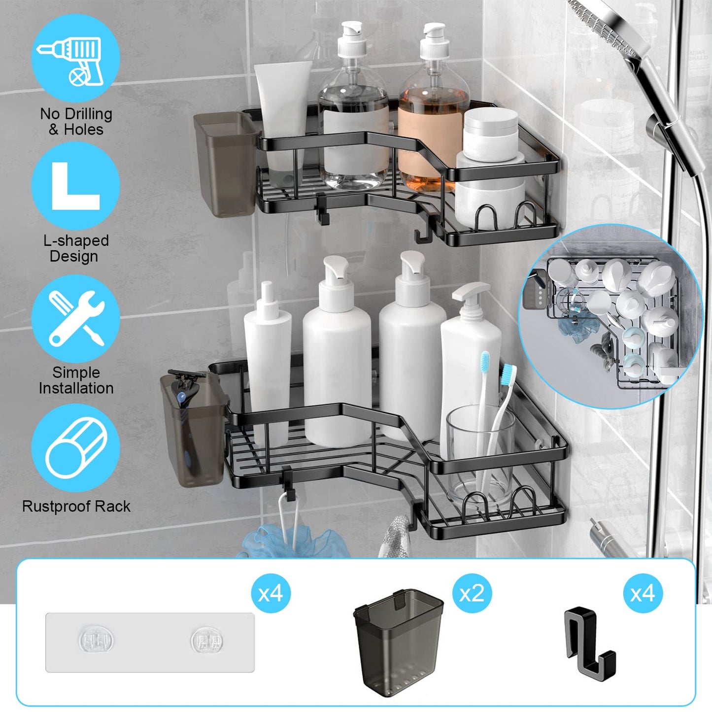 Corner Shower Caddy 2-Pack with Soap Holders & Hooks