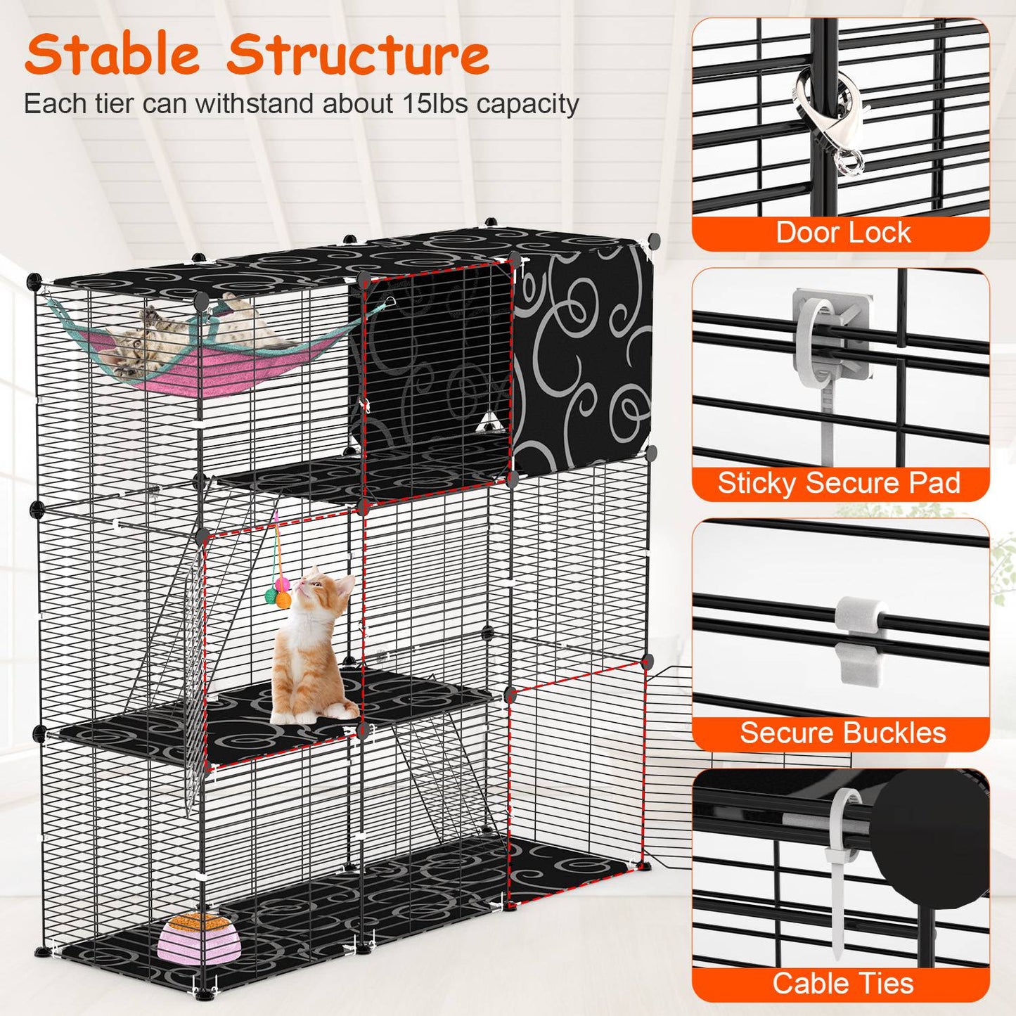 3-Tier Cat Cage Enclosure with Hammock and Ladder