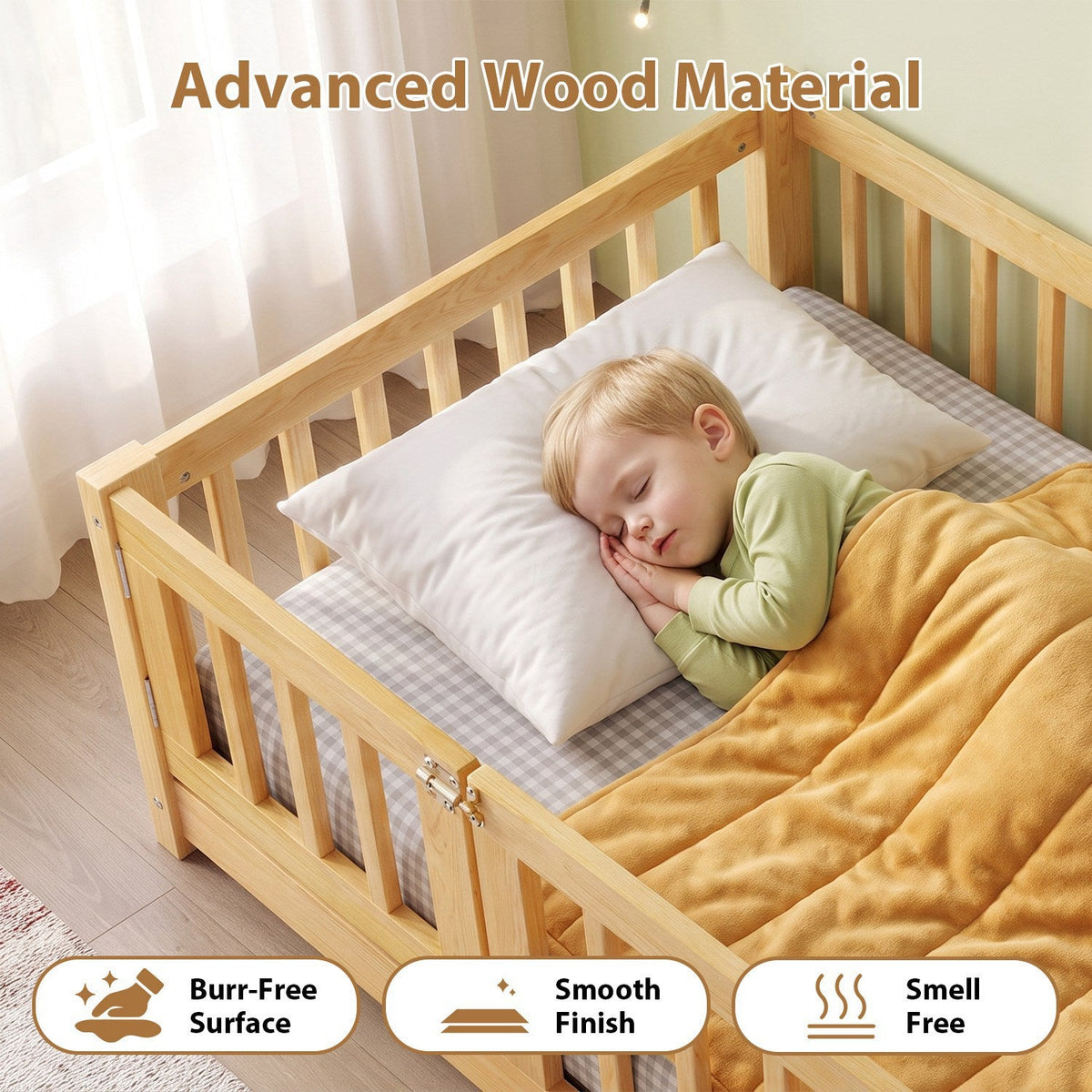 Montessori Floor Bed with Safety Guardrails - Pine Wood