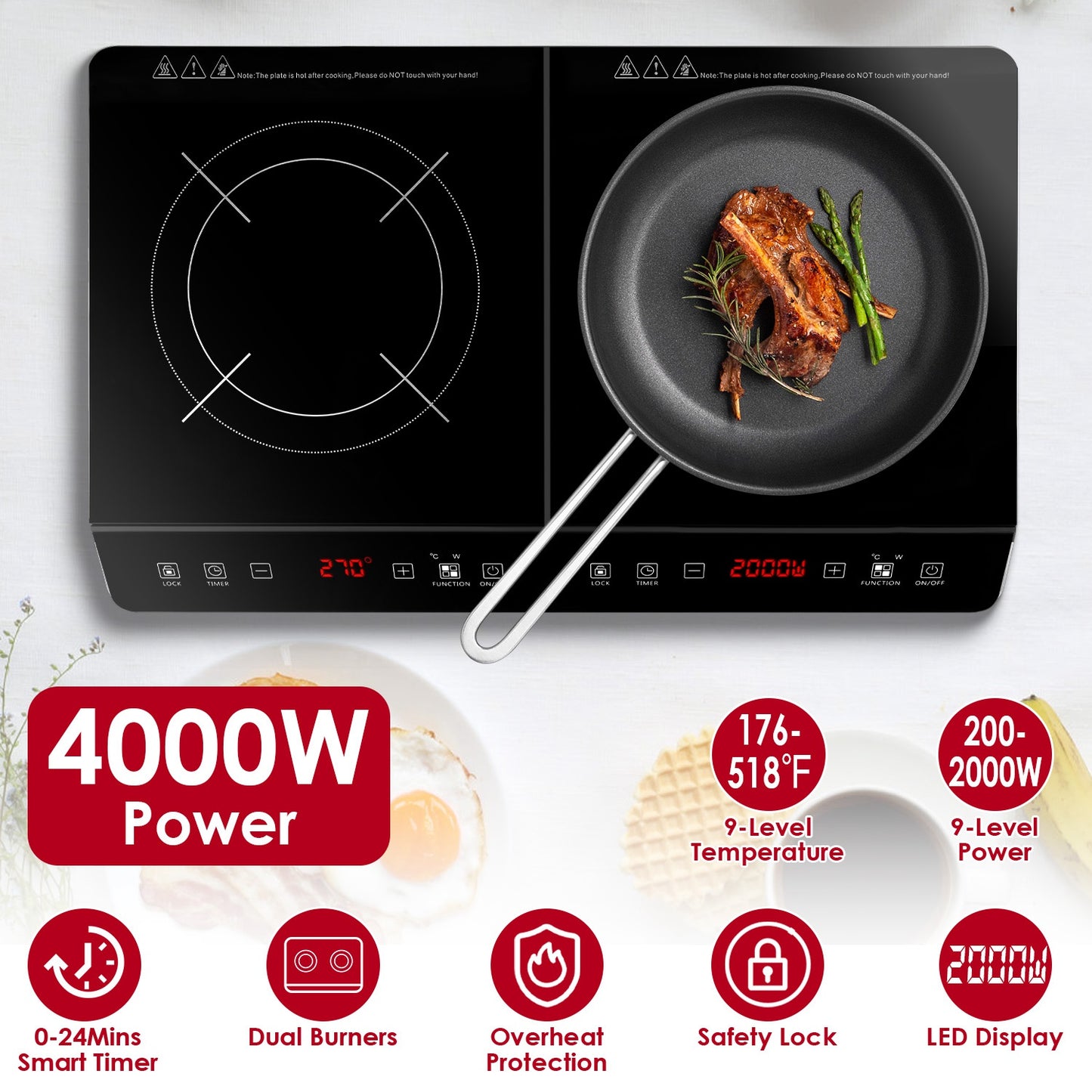 Dual Induction Cooktop 4000W Portable Electric Double Burner