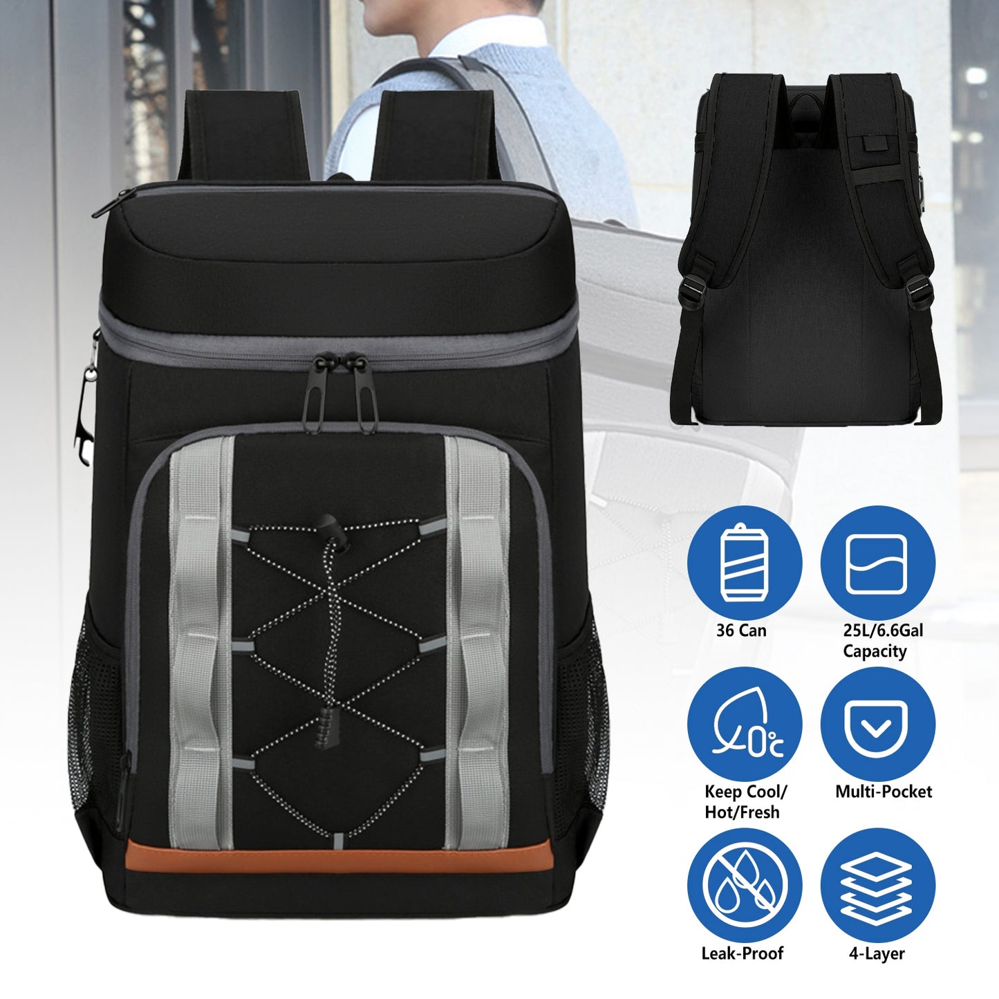 Insulated Cooler Backpack 36 Can Leakproof with Bottle Opener