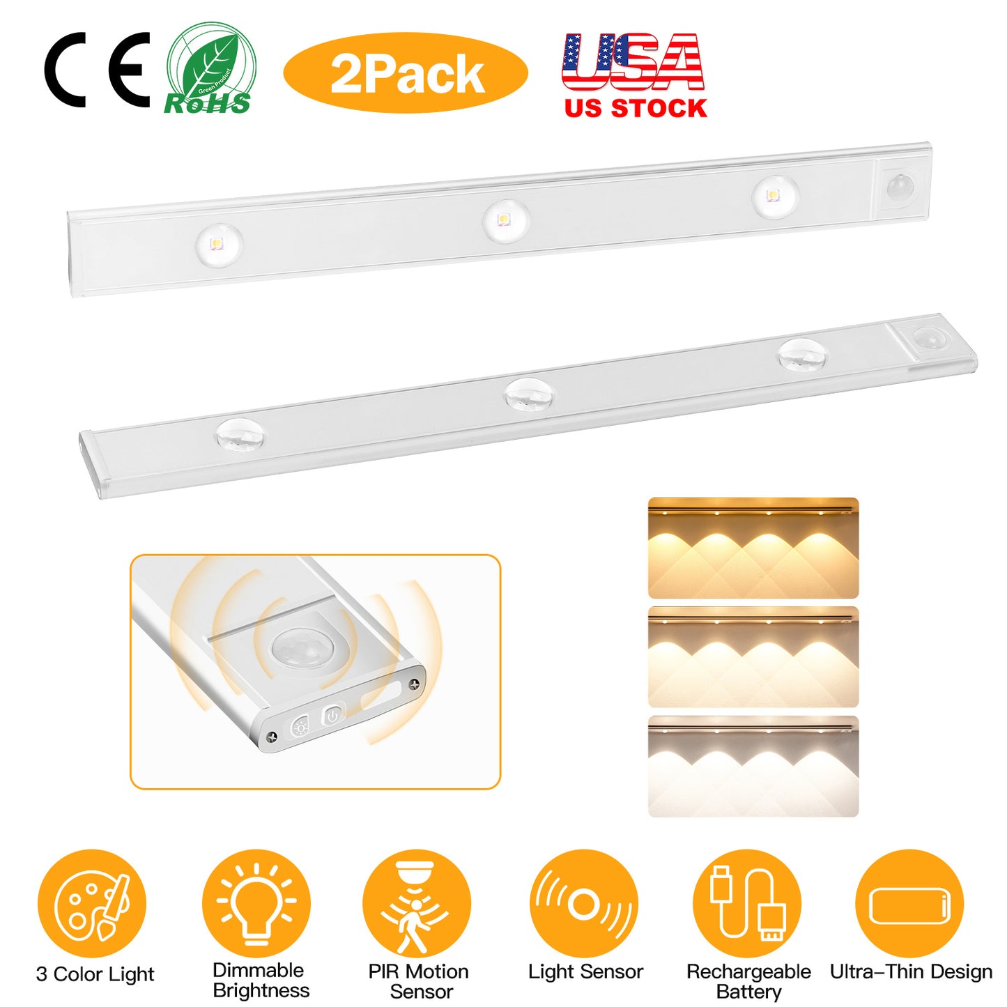 Rechargeable Motion Sensor Cabinet Light 2-Pack with 3 Colors